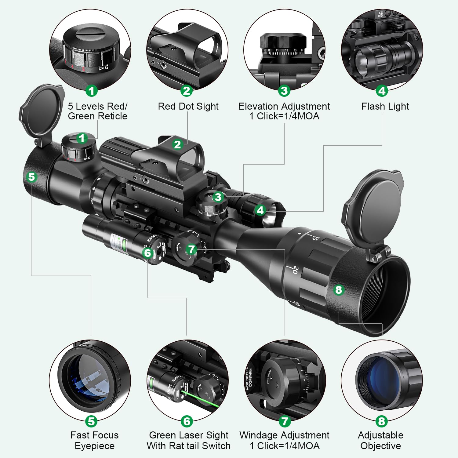 4-16x50 AO Rifle Scope Combo with Red/Green Dual Illuminated Optics, Tail Switch Green Laser Sight & 4 Reticle Red/Green Dot Sight - Includes Rail Mount & 5 Mode Flashlight for Hunting, Tactical Shooting and Outdoor Adventures