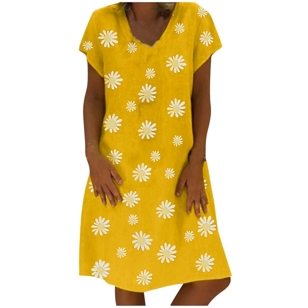 Plus Size Summer Dresses for Women - Casual Daisy Printed V-Neck Short Sleeve Loose Knee-Length Dress - Perfect for Beach Vacations, Picnics & Summer Outings