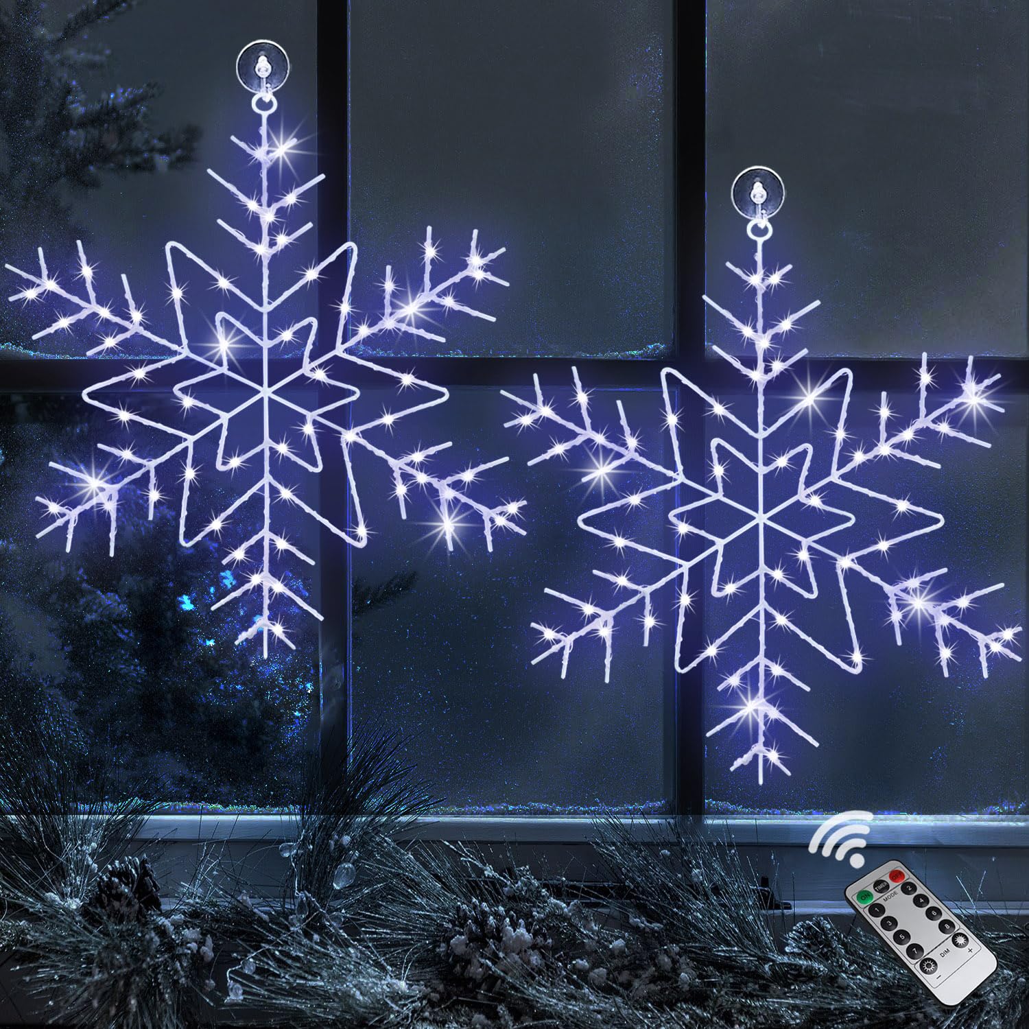 144 LED Cool White Snowflake Window Lights - 12 Inch Christmas Decor with 8 Lighting Modes & Remote Timer | USB Powered Holiday Lights for Home, Xmas Party, Winter Wedding & Indoor/Outdoor Decorations