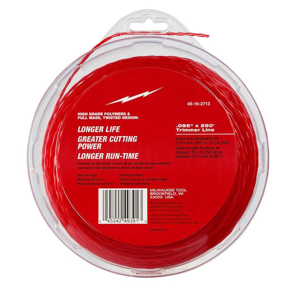MILWAUKEE 0.095 Inch x 250 Feet Red Battery-Powered Trimmer Line - Durable Weed Eater String for Lawn Care & Yard Maintenance