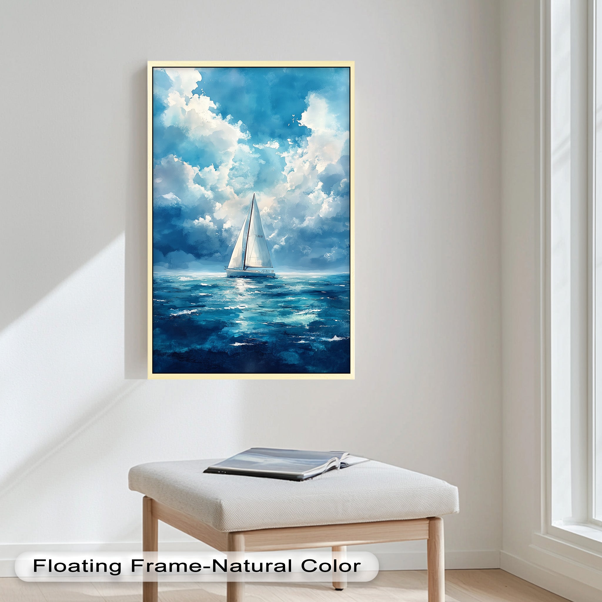 Blue Sky White Sailboat Oil Painting - Handmade Nautical Wall Art for Living Room, Bedroom & Office Decor