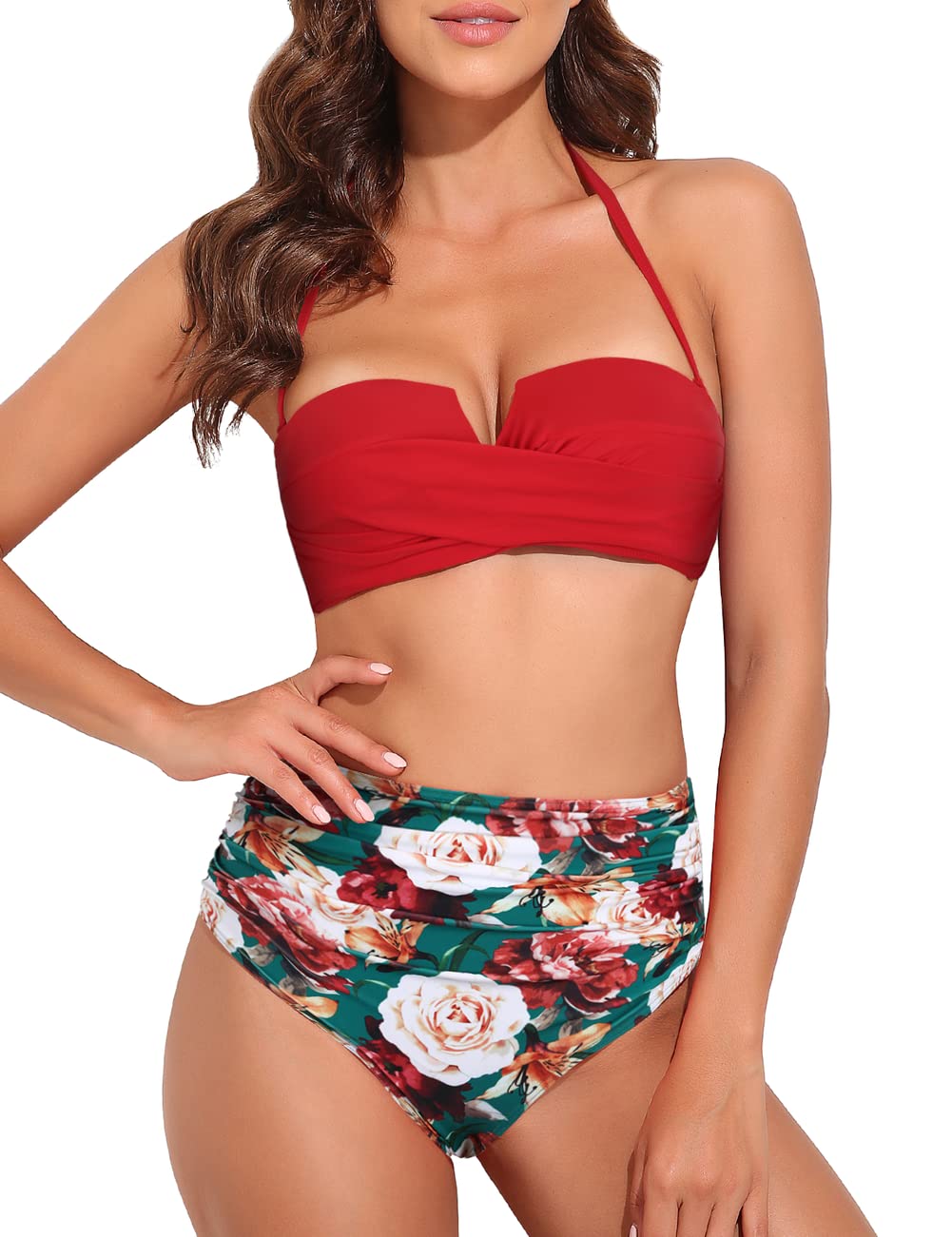 Hilor Women's Retro High Waisted Bikini Set - Bandeau Two Piece Bathing Suit with Adjustable Straps & Push Up Design | Sexy Swimwear for Beach, Pool & Vacation