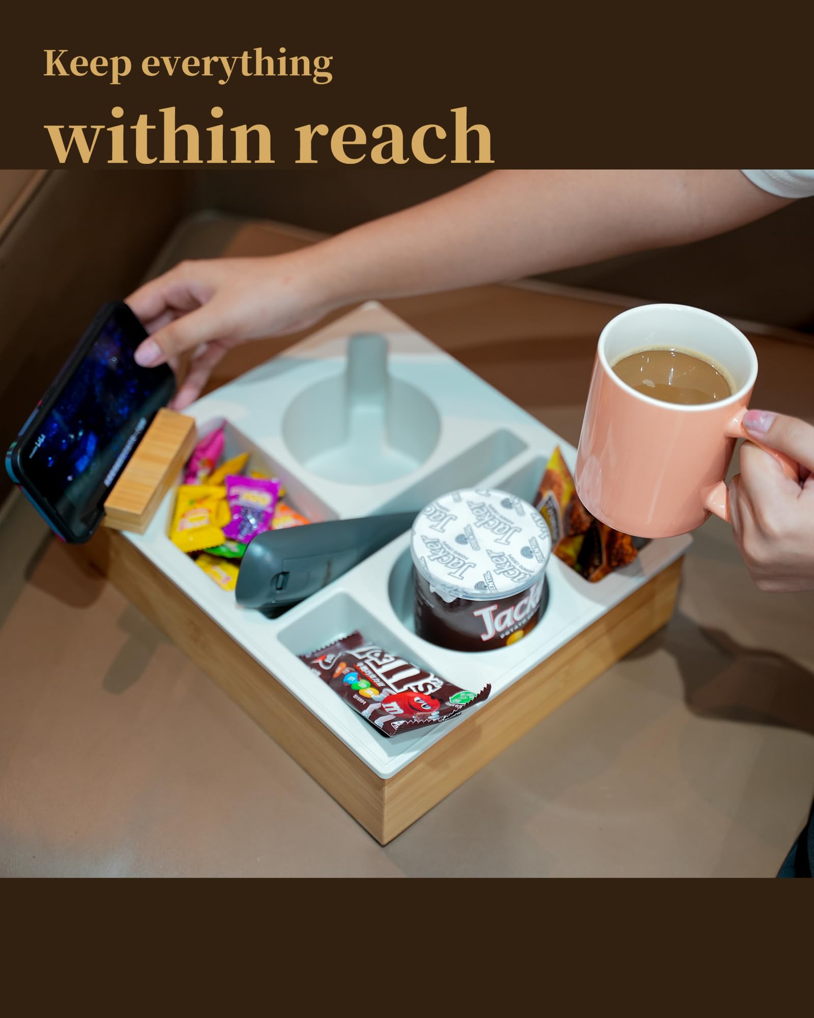 Hitseon Rotatable Silicone Bamboo Couch Cup Holder Tray - Waterproof Anti-Spill Sofa Caddy with Phone Holder for Bed, Car Seat & Living Room - Perfect for Snacks, Beverages & Remote Control (White) - Ideal for Movie Nights, Road Trips & Relaxing at Home