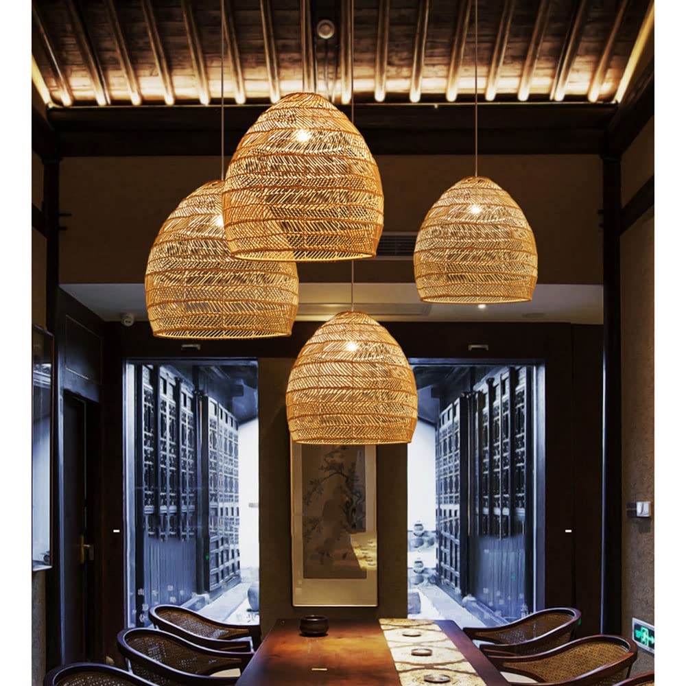 Hand-Woven Rattan Pendant Lamp - Adjustable Wicker Chandelier with Open Weave Basket Design, Beige Farmhouse Ceiling Light for Kitchen Island, Dining Room & Bedroom Decor