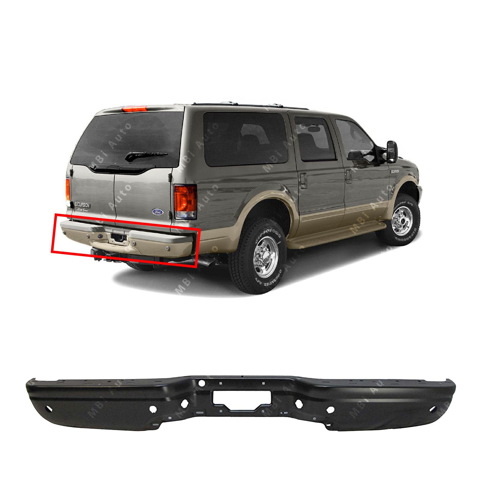 Primered Steel Rear Bumper Face Bar Shell for 2000-2005 Ford Excursion with Parking Sensors - FO1102337 | Durable Replacement Part for Off-Road & Towing Protection