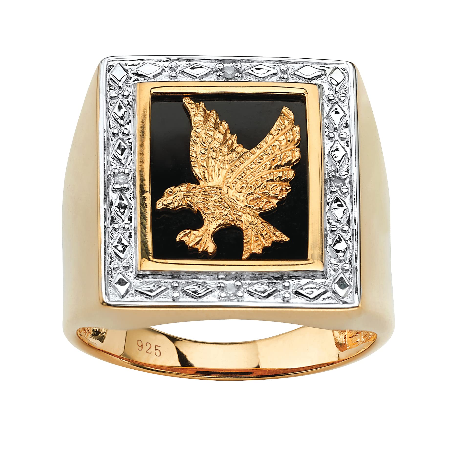 Men's Yellow Gold-Plated Sterling Silver Eagle Ring with Genuine Diamond Accents & Black Natural Onyx - Perfect for Gifts, Weddings, and Statement Jewelry