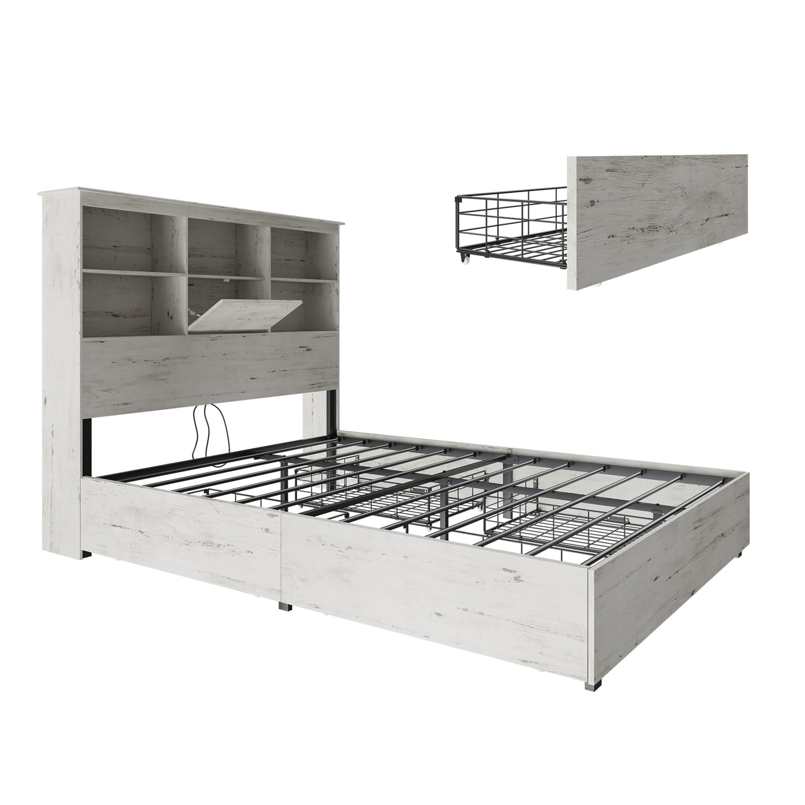 AMERLIFE Queen Size Wooden Platform Bed Frame with LED Storage Headboard - 4 Drawers, USB Charging Station, No Box Spring Needed, Noise Free, Distressed White - Perfect for Small Bedrooms & Modern Apartments