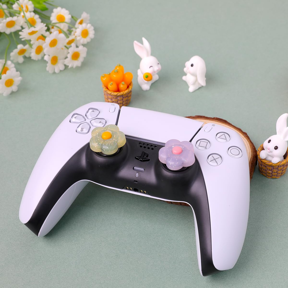 PERFECTSIGHT Cute Glitter Flower Thumb Grips for PS5, PS4, Xbox Series X/S, Xbox One, Switch Pro Controller - 4PCS Soft Rubber 3D Analog Joystick Covers - Kawaii Gaming Accessories for Enhanced Grip & Comfort During Long Gaming Sessions