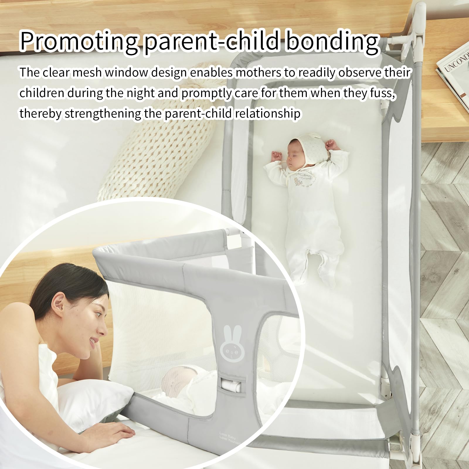 **SISTINE 3-in-1 Baby Co-Sleeper Bedside Crib – Portable Infant Bed Guard for Safe Cosleeping – Gray – Ideal for Newborns, Baby Boys & Girls (Perfect for Nursery, Travel & Bed Sharing)**