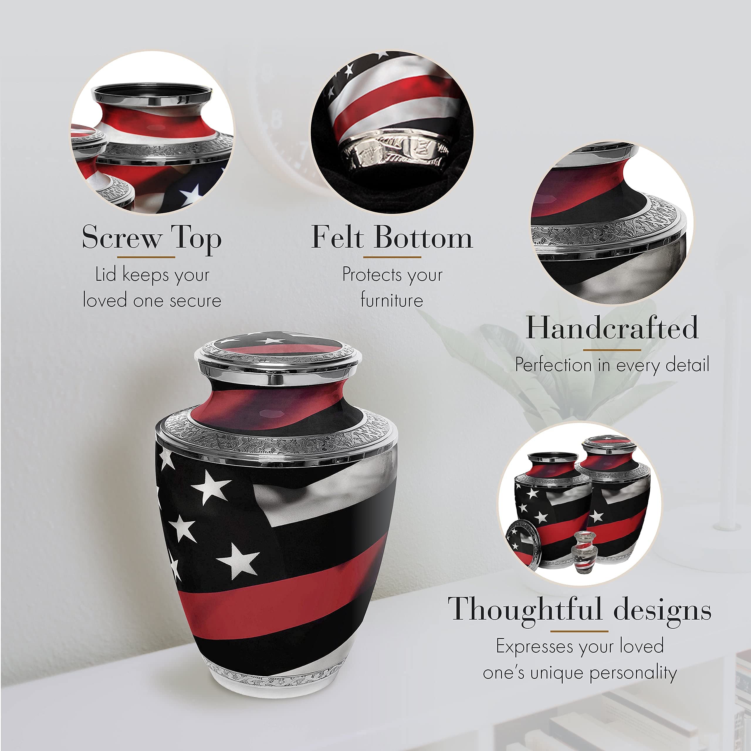 Premium Red Line Firefighter Cremation Urn for Adult Ashes - Matching Funeral Guest Book Included - Memorial Keepsake for First Responders & Heroes - Perfect for Funeral Services & Home Memorial Displays
