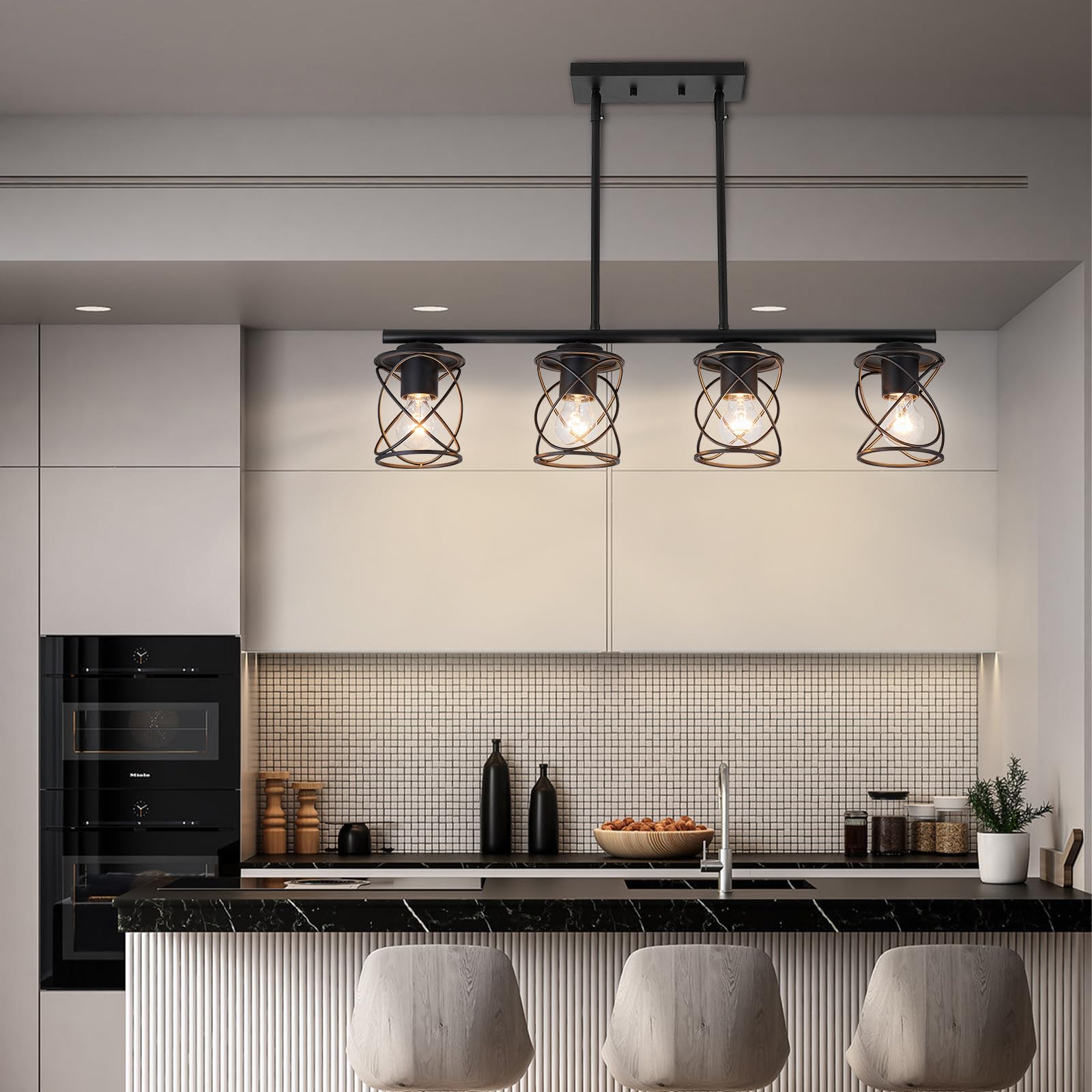 Farmhouse Linear Pendant Light - 4-Light Adjustable Kitchen Island Lighting Fixture, Black Metal Hanging Chandelier for Dining Room & Living Room | Perfect for Kitchen Islands, Breakfast Bars, and Open Concept Spaces