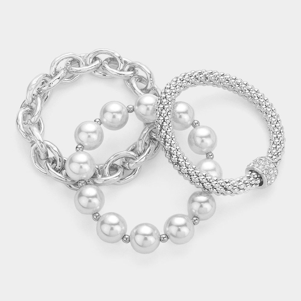 Silver Pearl Chain Stretch Layered Bracelets for Women - Adjustable Stackable Boho Jewelry Set - Perfect for Parties, Weddings & Everyday Wear