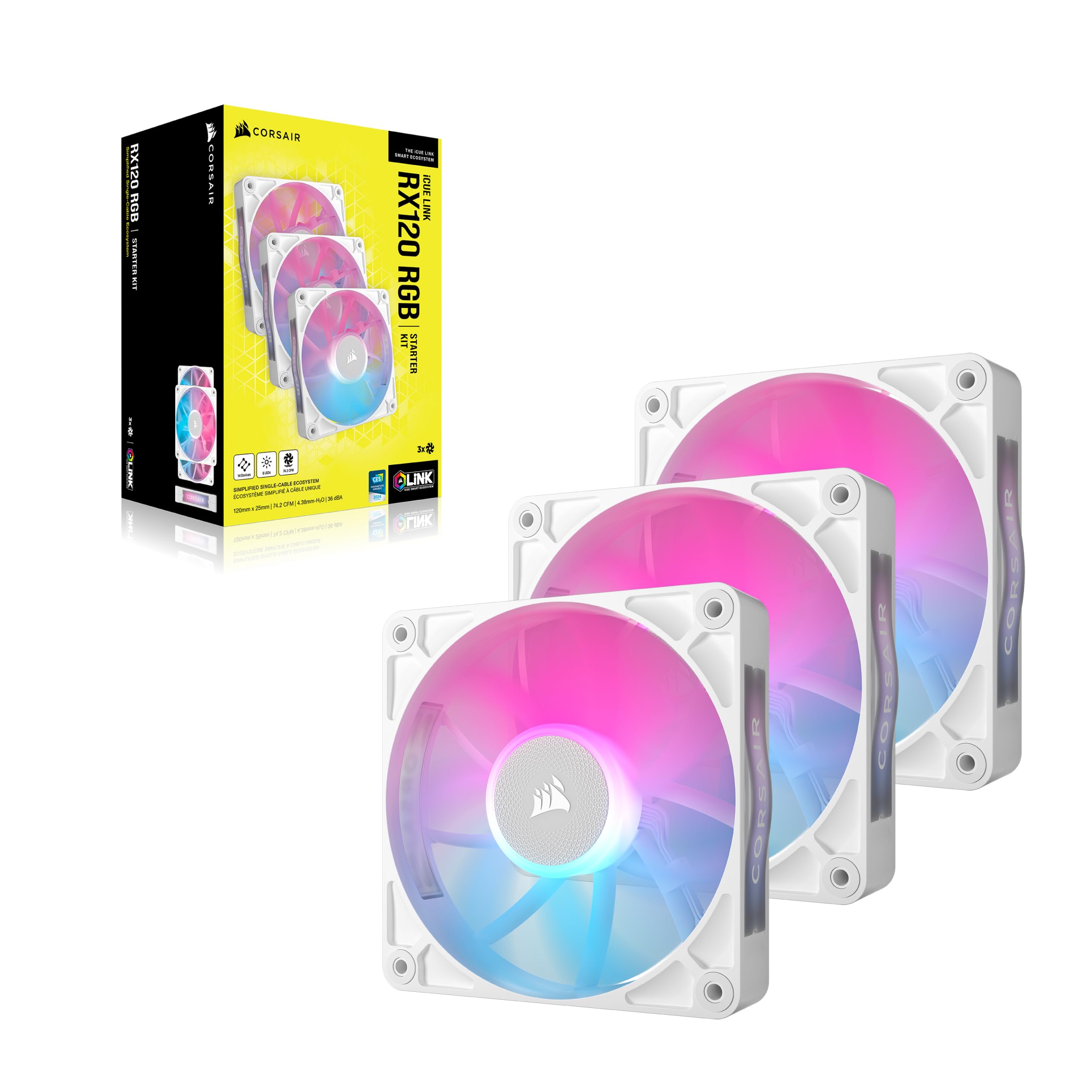 CORSAIR iCUE Link RX120 RGB 120mm PWM PC Cooling Fans Triple Pack - White Magnetic Dome Bearing with iCUE Link System Hub | Perfect for Gaming PC, Workstation & Case Cooling | High Performance Quiet RGB Fans