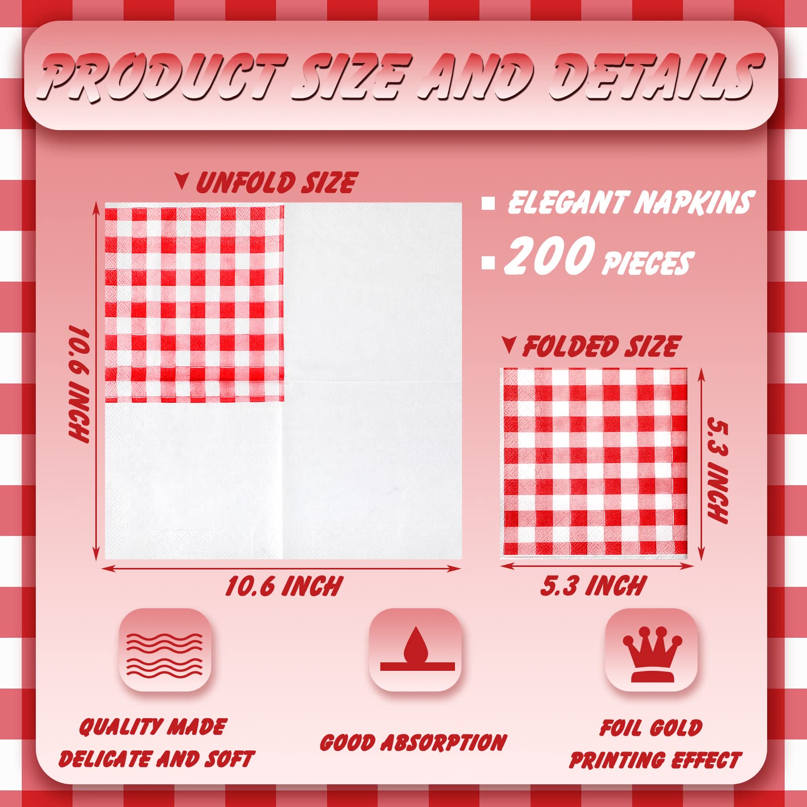 200 Pcs Buffalo Plaid Paper Napkins - Red and White Checkered Disposable Napkins for Kitchen, Farmhouse Decor, Weddings, Easter, Dinner Parties (5.31 x 5.31 Inch) - Perfect for Holiday Tablescapes, Rustic Home Decor & Special Occasions
