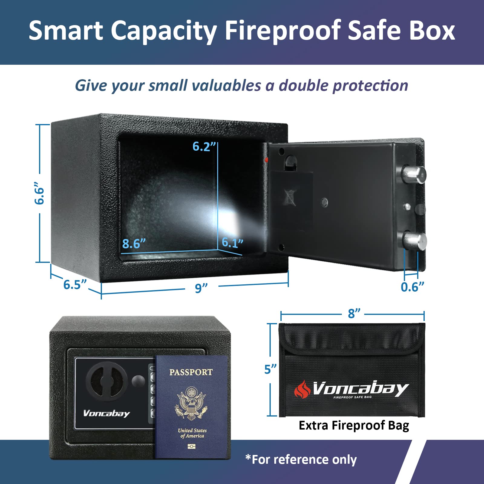 Voncabay Fireproof Security Safe Box with Digital Keypad & Sensor Light - Home Money Safe with Keys & Passcode for Cash, Jewelry & Documents | Ideal for Bedroom, Office & Travel Use
