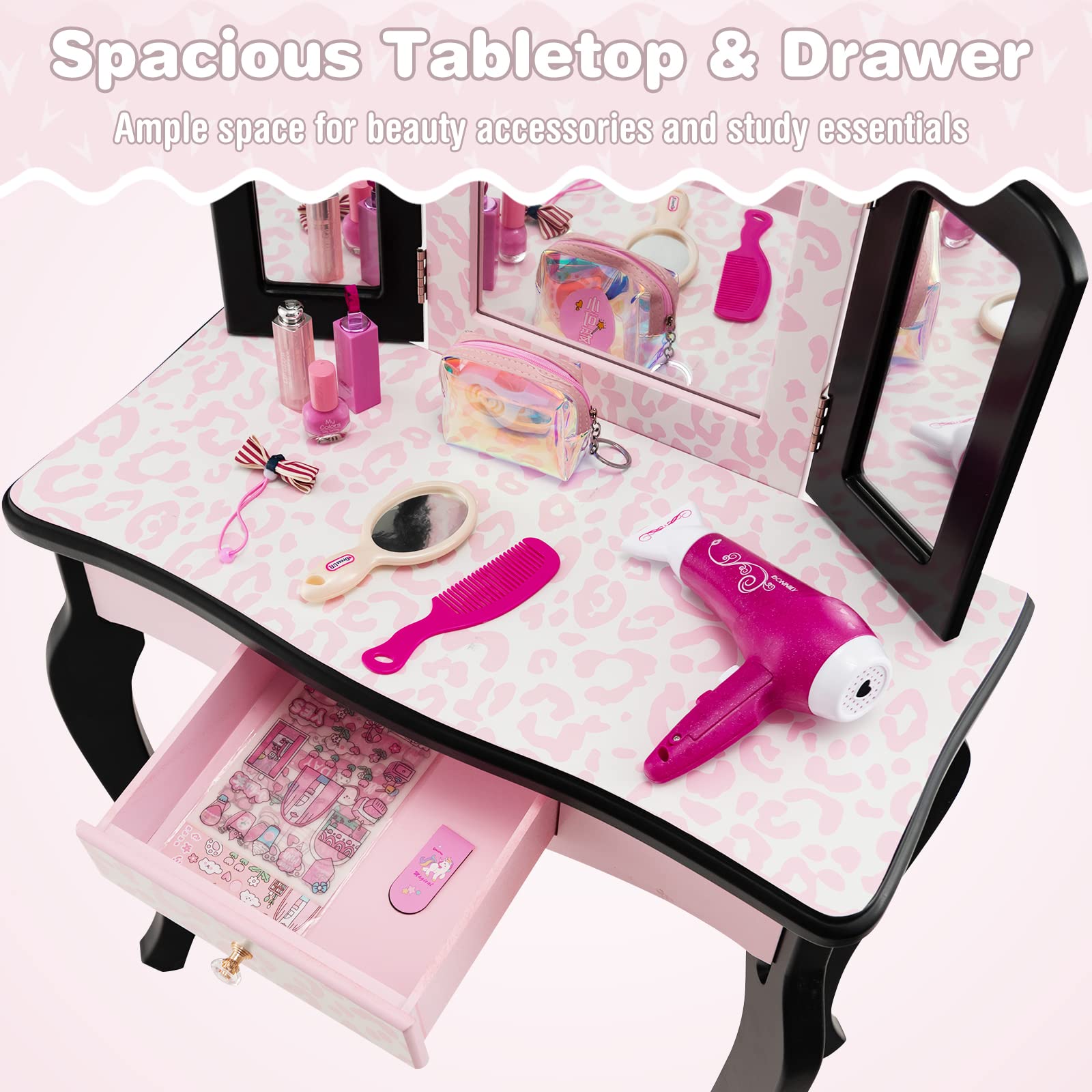 Honey Joy Kids Vanity Set with Mirror & Stool - Pink Leopard for Girls Bedroom