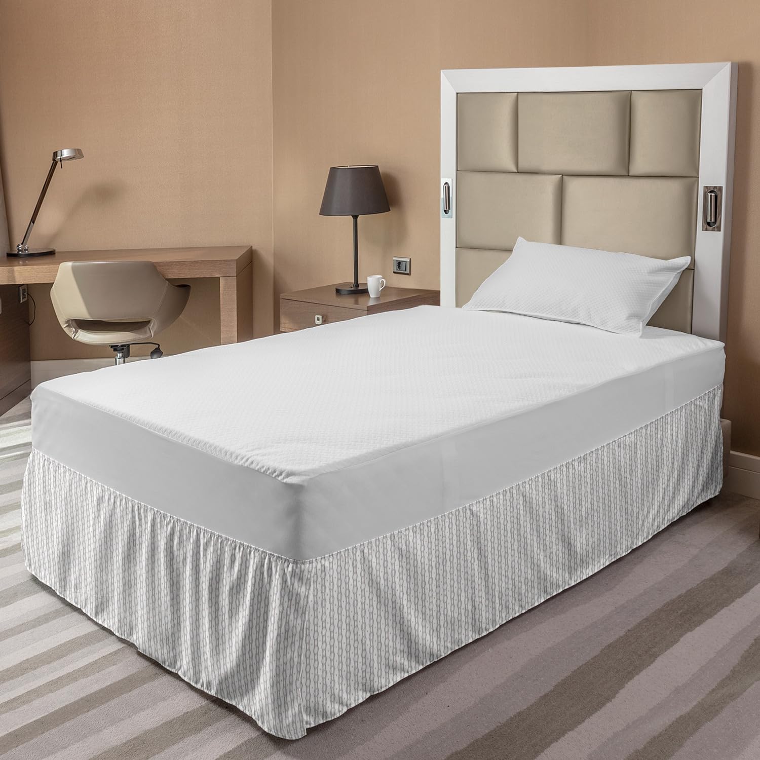 Ambesonne Abstract Bed Skirt - Geometric Pattern Elastic Dust Ruffle Wrap Around Bedding Decor for Queen/King Size Beds | White & Dark Eggshell | Perfect for Modern Bedroom Decor & Guest Room Styling