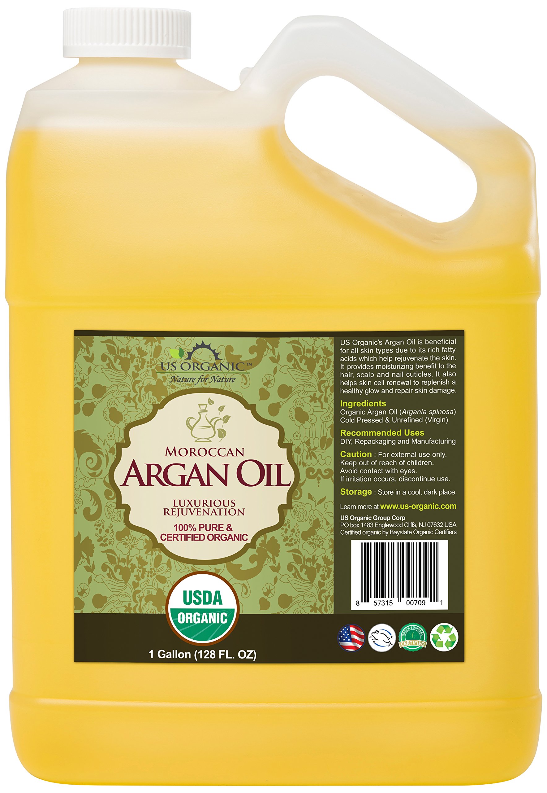 Organic Moroccan Argan Oil 1 Gallon (128 oz) - USDA Certified, 100% Pure & Natural, Cold Pressed, Unrefined - Premium Hair & Skin Care for DIY Beauty Products, Massage Oils & Small Manufacturers