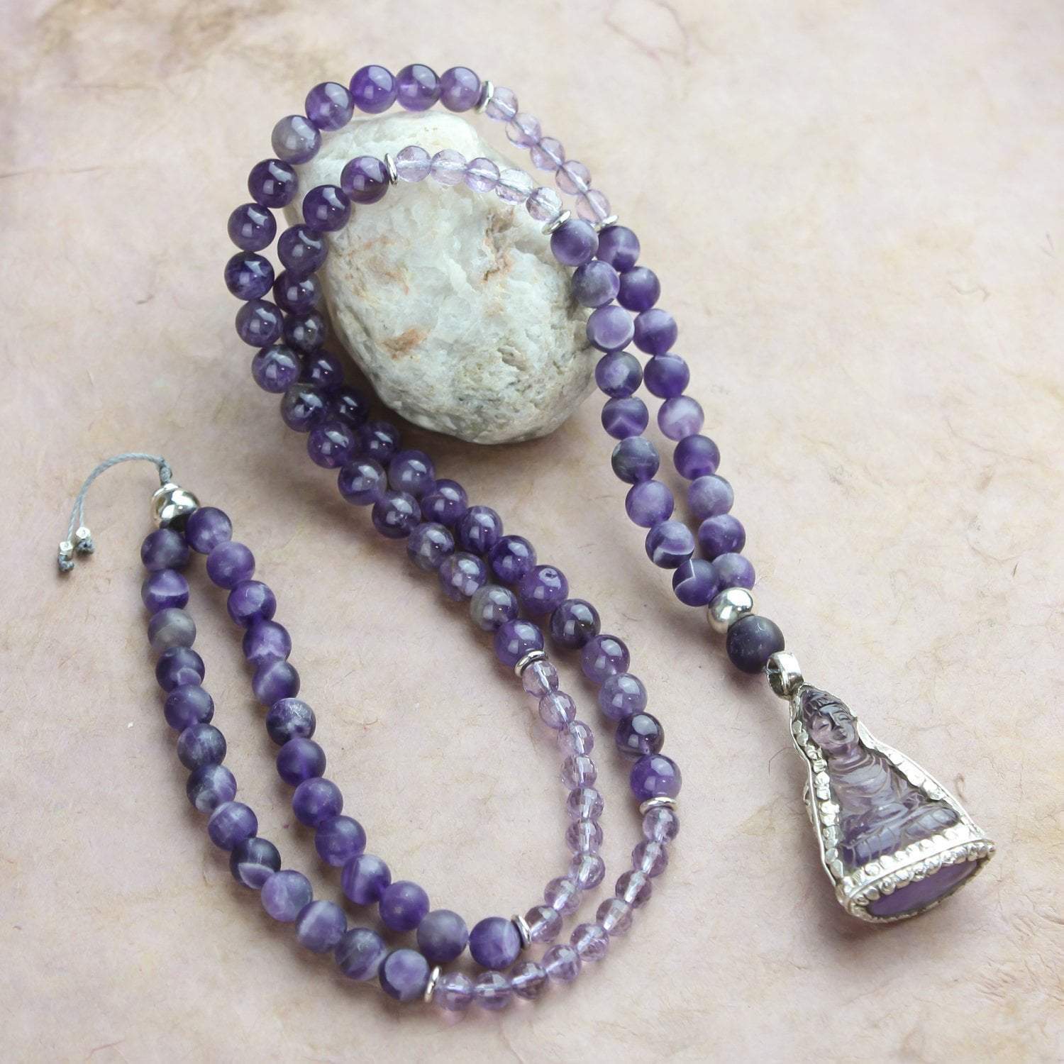 Authentic Amethyst Gemstone Meditation Mala Beads - 108 Prayer Beads for Yoga, Mindfulness & Spiritual Healing | Perfect for Stress Relief, Chakra Balancing & Daily Meditation Practice