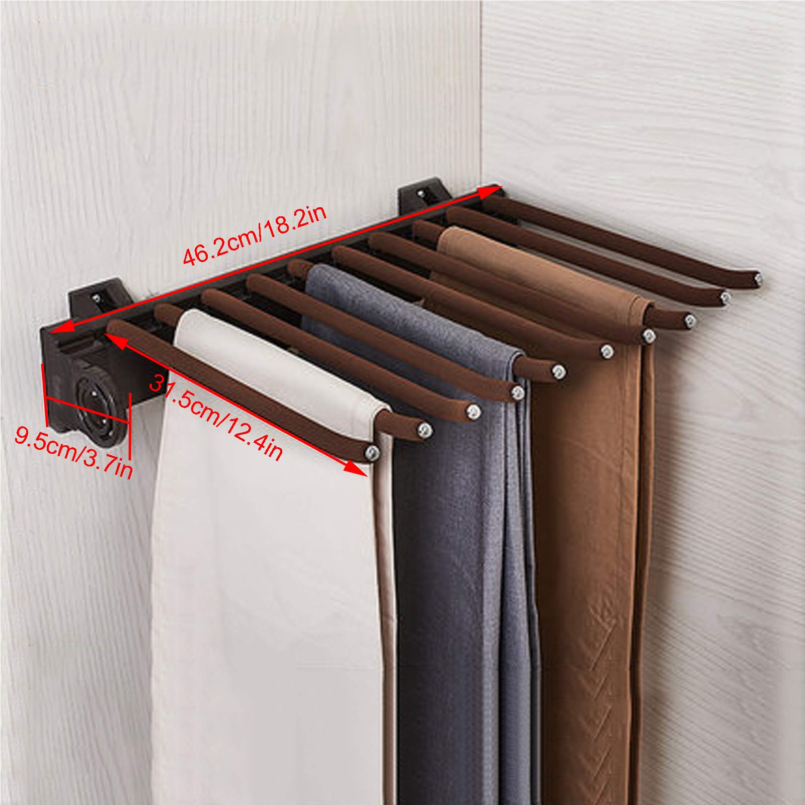 10-Arm Pull Out Pants Rack - Heavy Duty Trousers Hanger Bar with 88lbs Capacity (18.2x12.4in, Brown) - Space Saving Closet Organizer for Bedroom, Walk-in Closet & Laundry Room Storage
