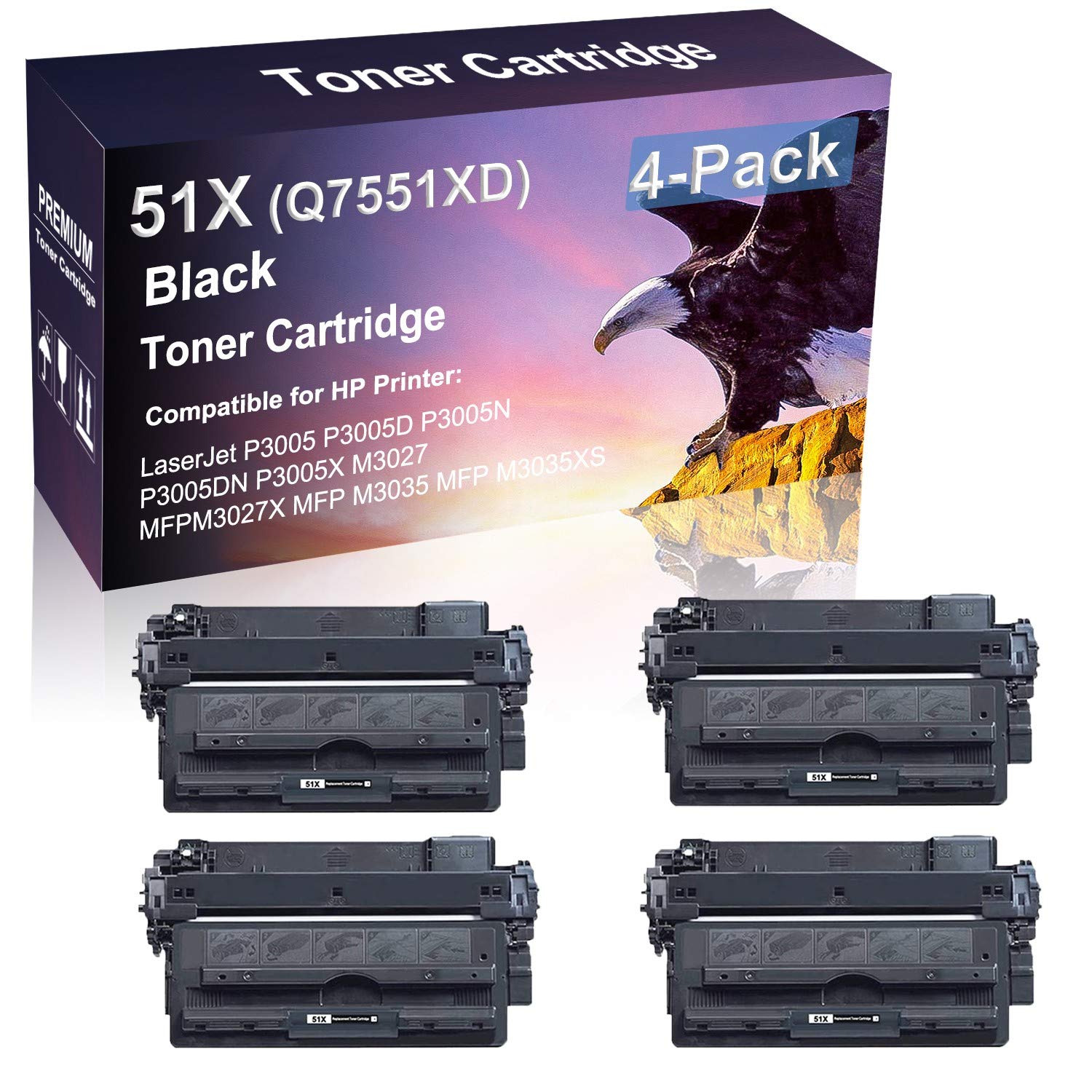 4 Pack Black 51X Q7551XD High Yield Laser Toner Cartridge - Compatible with HP LaserJet Pro P3005 P3005D P3005N Printers | Perfect for Office Printing & High Volume Documents