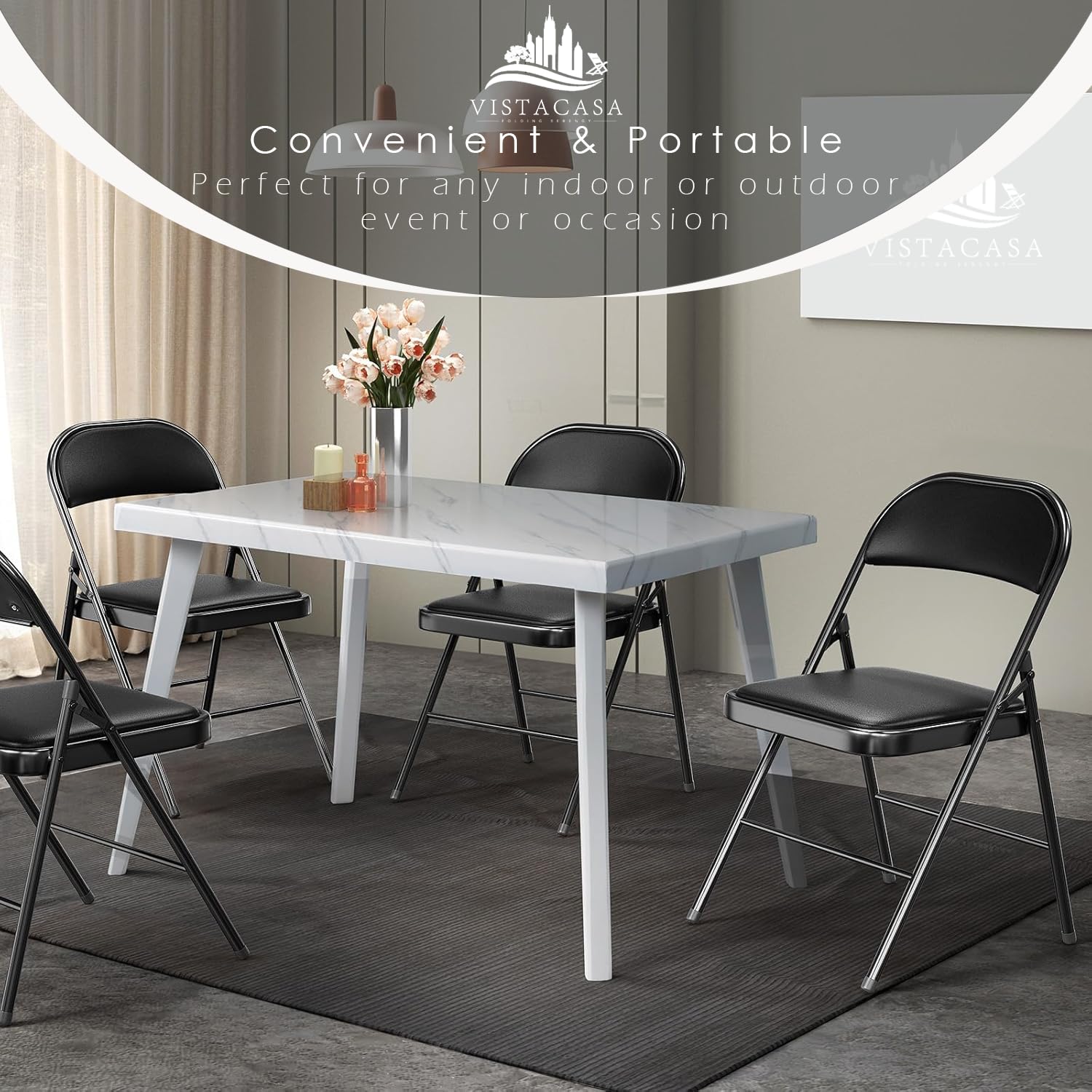 4 Pack Black Folding Chairs with Padded Seats - Heavy Duty Portable Stackable Chairs for Indoor Outdoor Use - Perfect for Weddings, Parties, Office Events & Camping - Classic Leather-Like Folding Chairs (Set of 4)