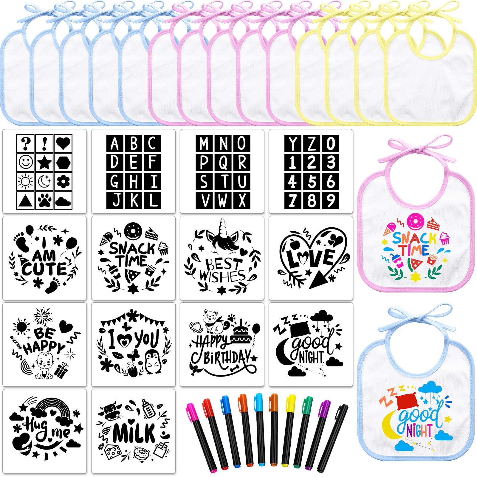 Jutom 38-Piece DIY Baby Bib Decorating Kit - 14 Bibs, 14 Stencils & 10 Fabric Markers with 2-Ply Feeder Bibs - Perfect for Baby Shower Games, Newborn Gifts & Creative Crafting