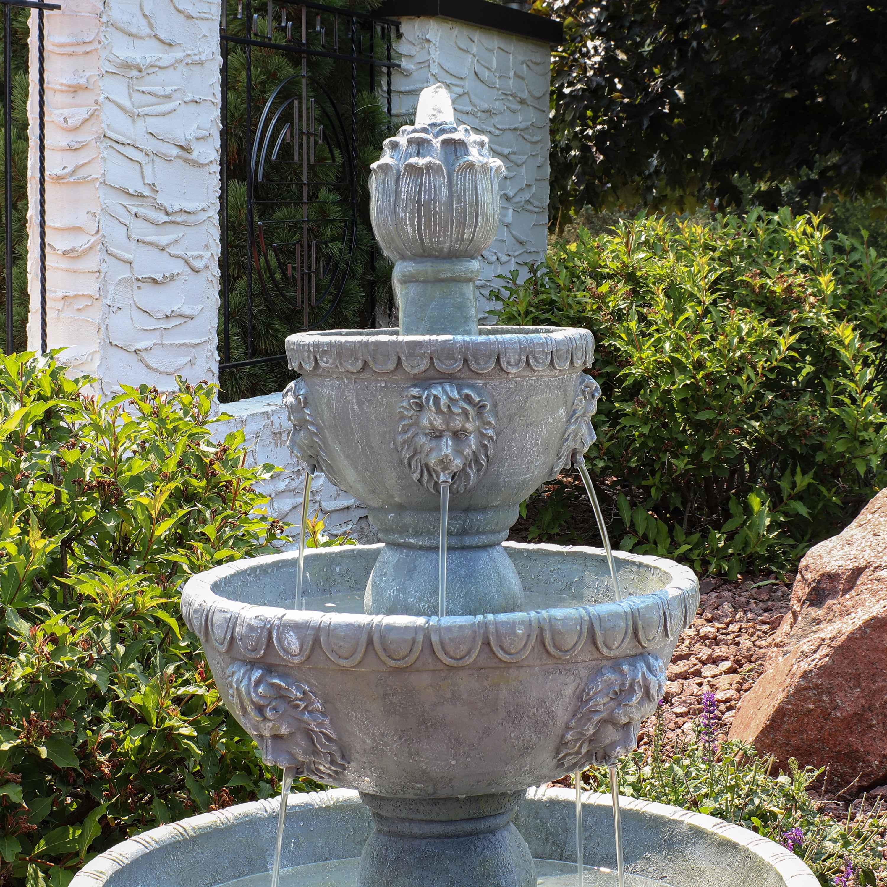 Sunnydaze 3-Tier Lion Head Outdoor Water Fountain with Electric Pump - Perfect for Garden, Patio, and Backyard Decor