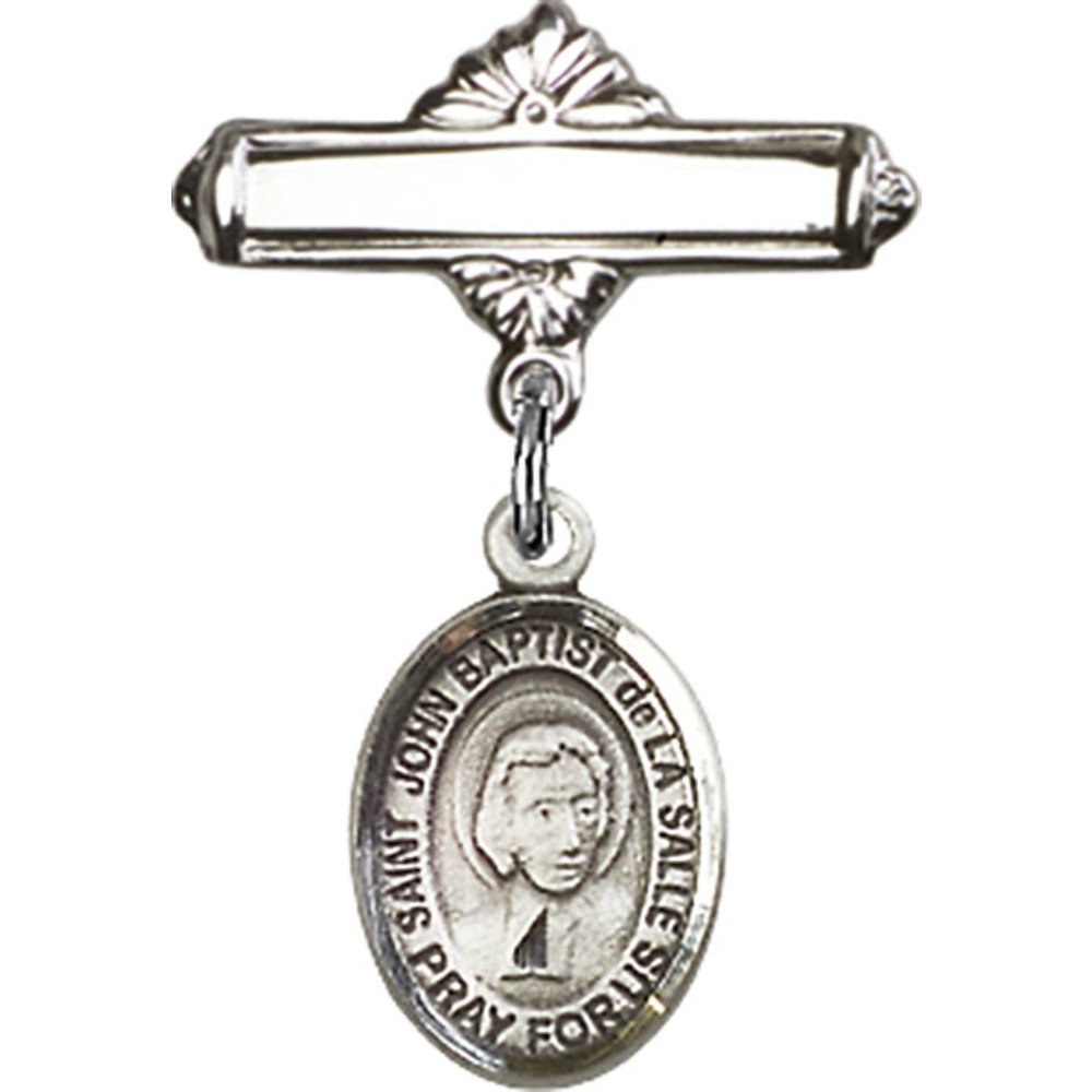 Sterling Silver Baby Badge with St. John Baptist de la Salle Charm - 1 X 5/8 Inches Polished Pin for Christening, Baptism & First Communion Gifts