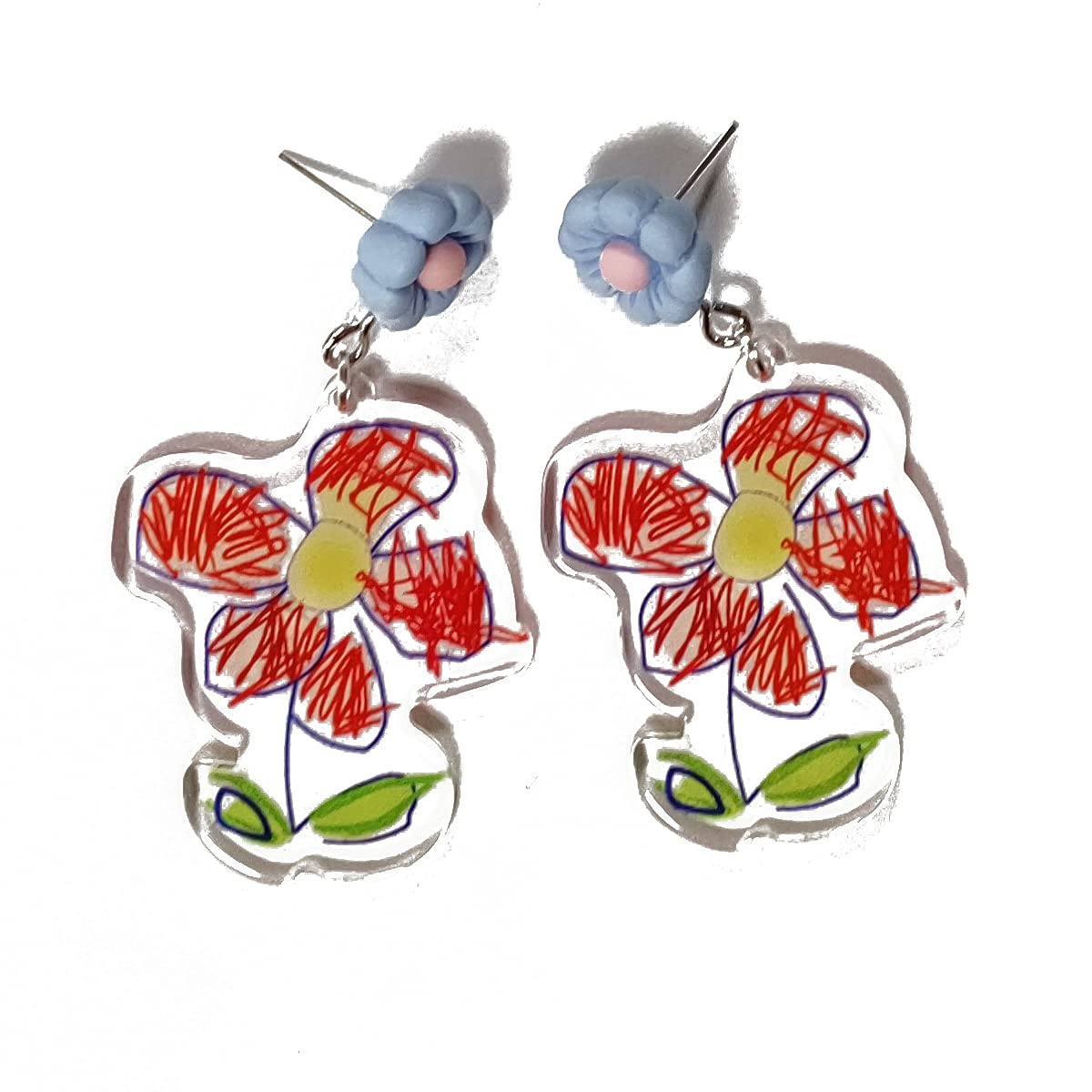 Stylish Resin Dinosaur Drop Earrings for Women - Cute Acrylic Robot Dangle Earrings with Red Flower Design, Perfect for Casual Wear, Parties & Gift Giving