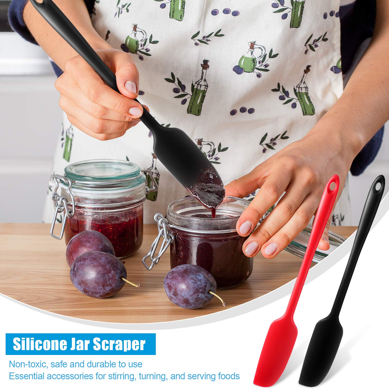 2-Pack Patelai Silicone Jar Spatulas - Long Handle Non-Stick Rubber Scrapers, Heat Resistant Cooking & Baking Tools for Smoothies, Blenders, Mixing & Stirring (Red & Black) - Perfect for Kitchen, Baking & Food Prep