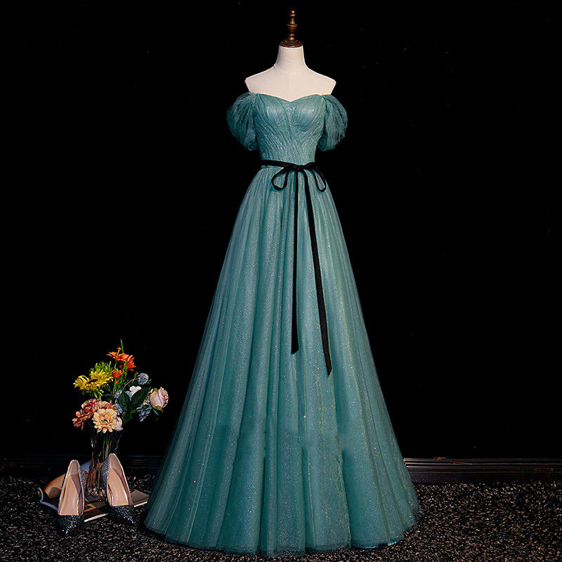 Elegant Green Off Shoulder Prom Dress - A-Line Formal Evening Ball Gown for Women - Perfect for Homecoming, Wedding Guest & Special Occasions