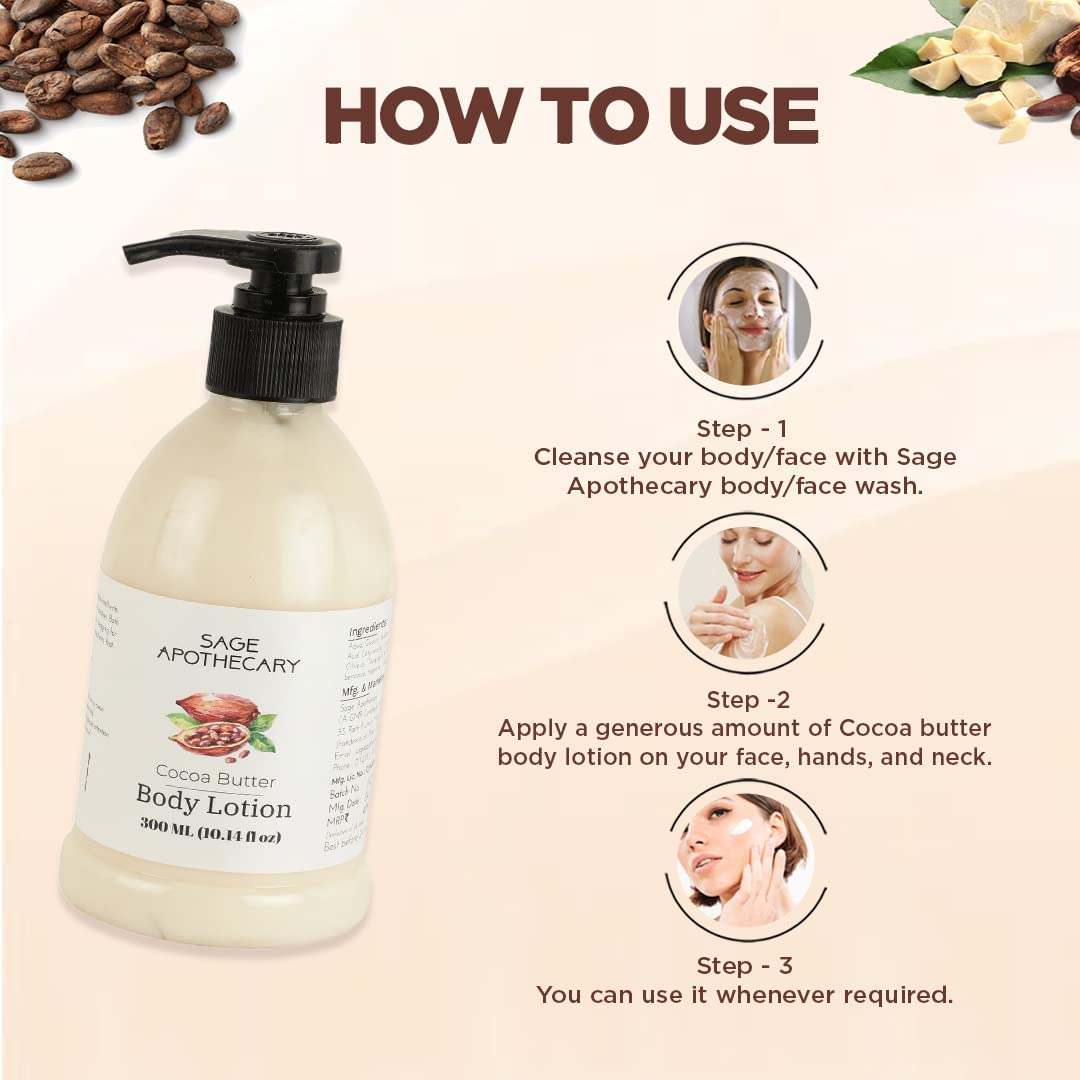 **Sage Apothecary 100% Pure Natural Castor & Cocoa Butter Body Lotion for Deep Moisturizing & Hydration – Soft & Silky Skin | Collagen Boosting for Men & Women | Paraben & Silicone Free – 300ml | Perfect for Dry Skin, Stretch Marks & Nighttime Care**