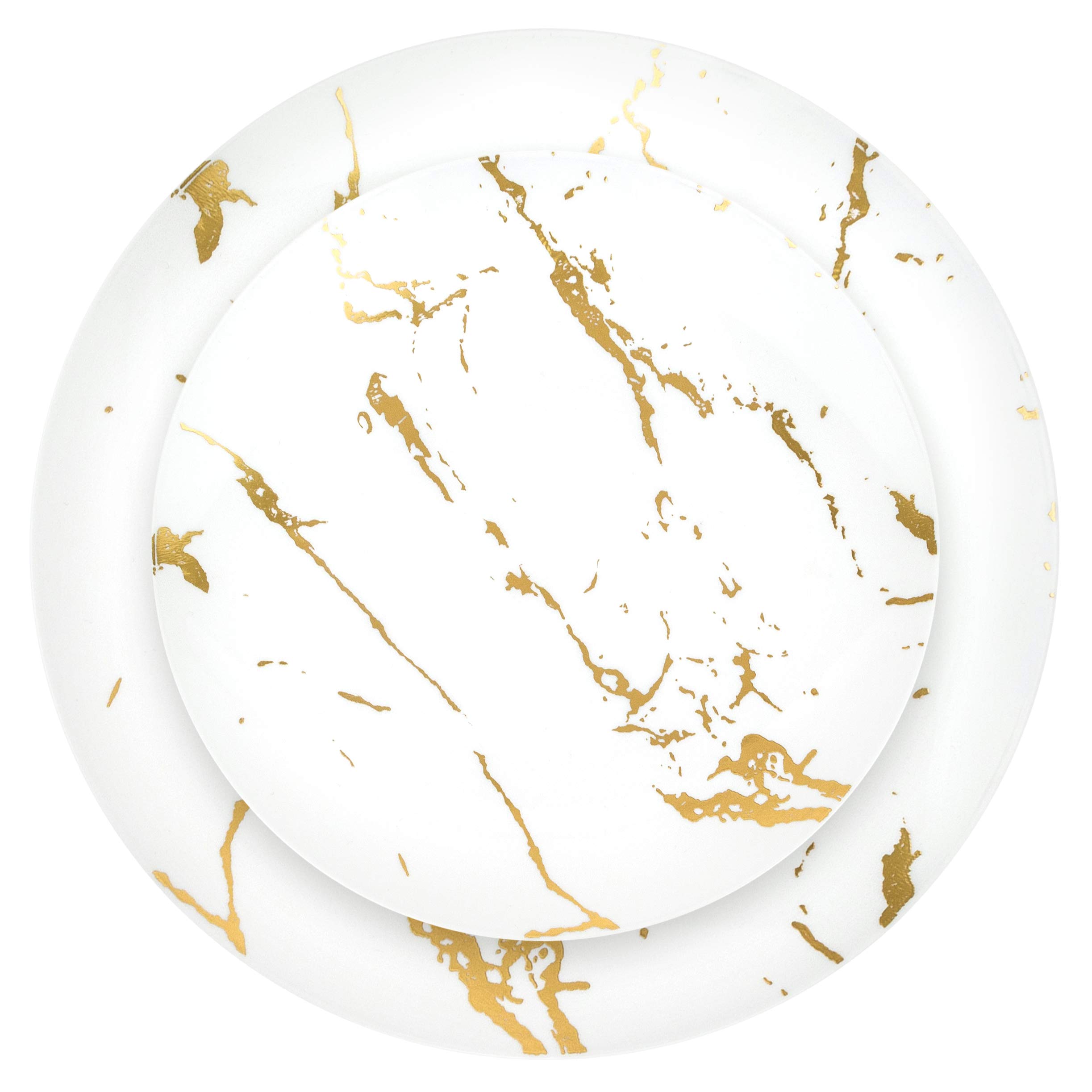 Plasticpro 64-Piece Dinnerware Set - 32 White 7-Inch Salad Plates & 32 White 10-Inch Dinner Plates with Elegant Gold Stroke Design - Heavyweight Plastic Party Plates for Weddings, Banquets, and Special Occasions
