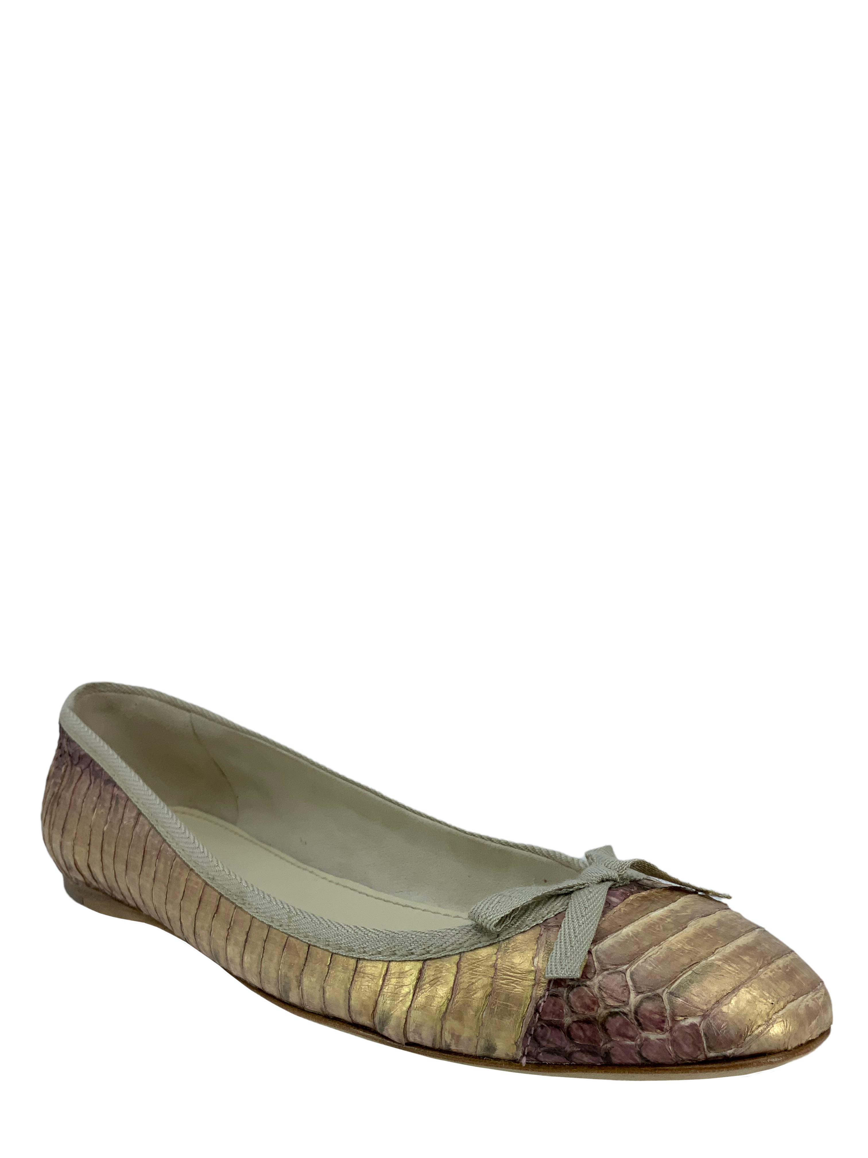 Miu Miu Women's Metallic Snakeskin Ballet Flats - Size 8 | Comfortable & Stylish Pointed Toe Shoes for Work, Party & Everyday Wear