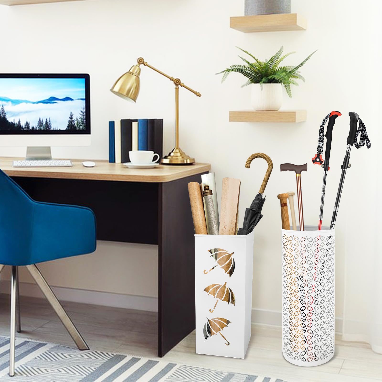 2 Pack Heavy Duty Metal Umbrella Stand Holder - Large Capacity Organizer for Canes, Walking Sticks, Umbrellas & Wrapping Paper - Perfect for Entryway, Home, Office & Hotel Decor - Space Saving Storage Solution for Rainy Days & Clutter-Free Organization