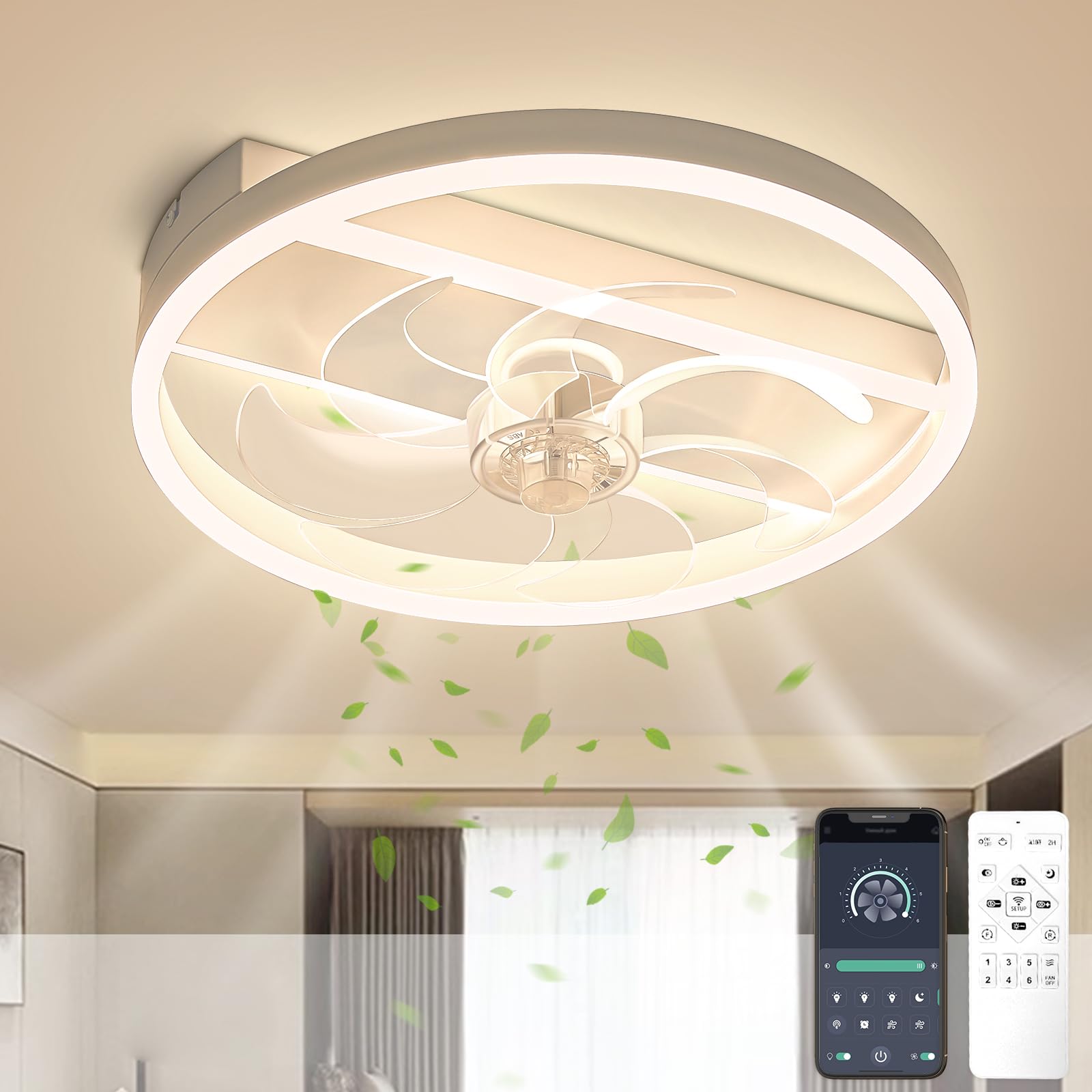 Energy Efficient 40cm Sky Angle LED Ceiling Fan with Light - Dimmable, Silent Operation, Remote Control & Timer (White) - Perfect for Bedroom, Living Room and Office Cooling
