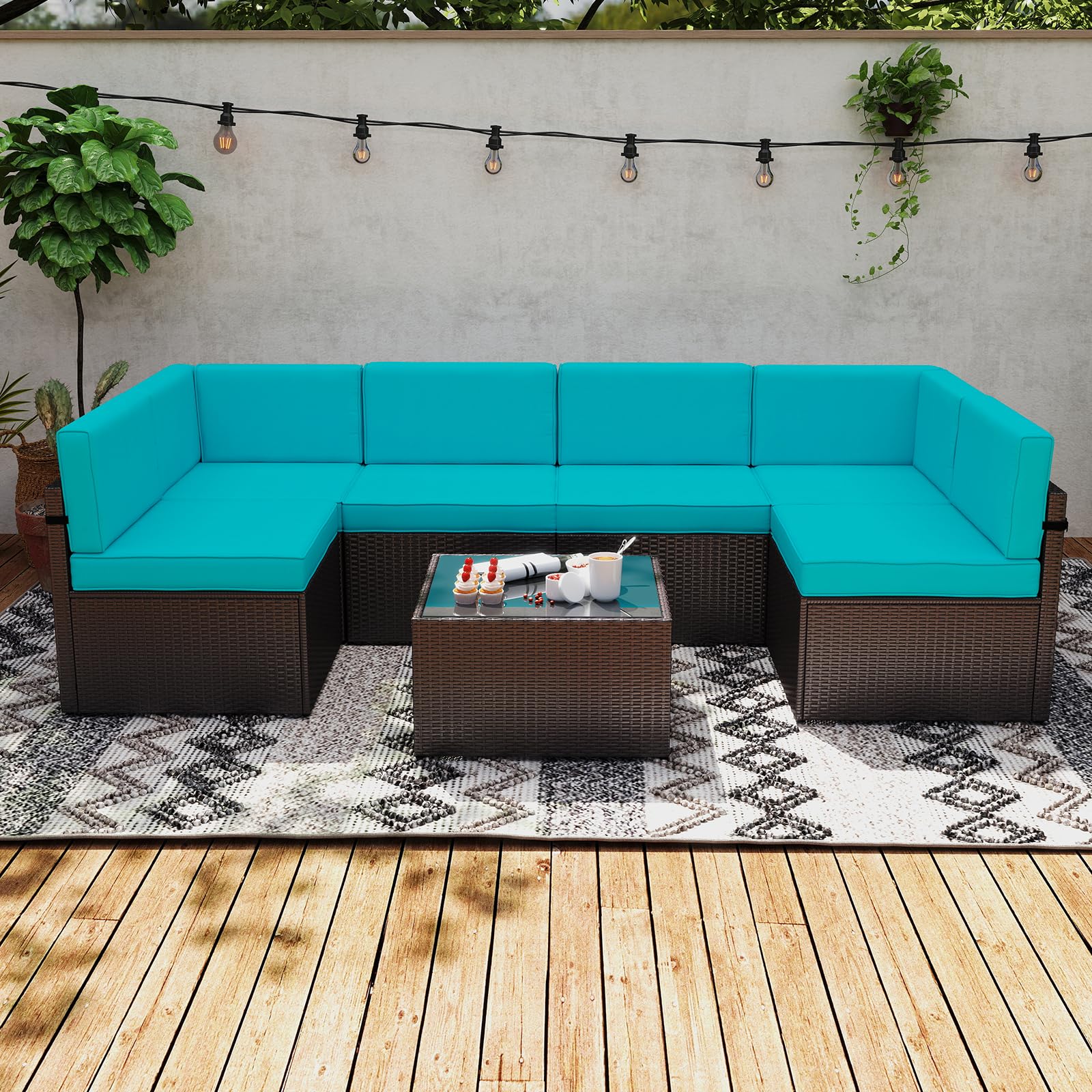 **Kinfant 7-Piece Outdoor Patio Furniture Set - Rattan Sectional Sofa with Coffee Table & Washable Cushions - Blue Wicker Conversation Set for Porch, Poolside, Backyard & Garden Relaxation**