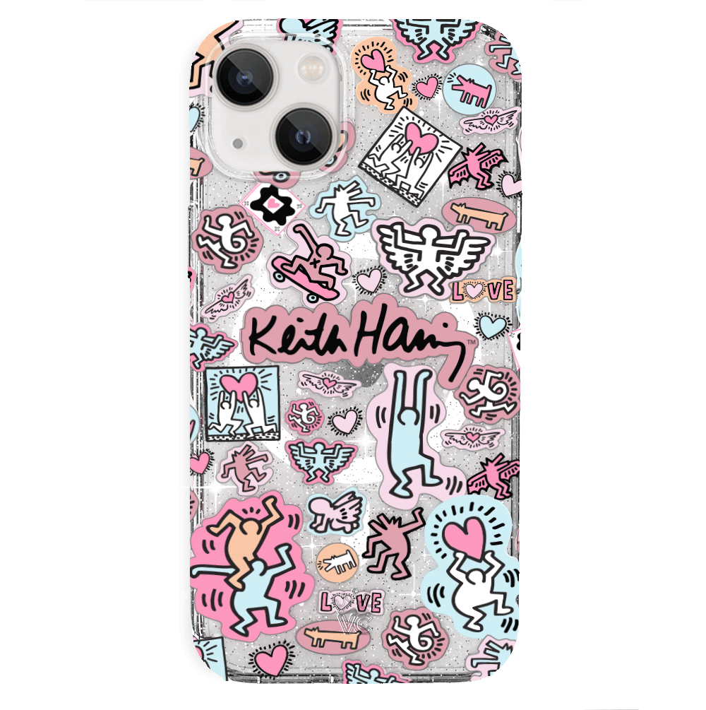 Keith Haring Pastel Glitter iPhone Case - Trendy Protective Cover for iPhone 11/12/13/14/15 Pro Max - Cute Artistic Design for Everyday Use & Gift Giving