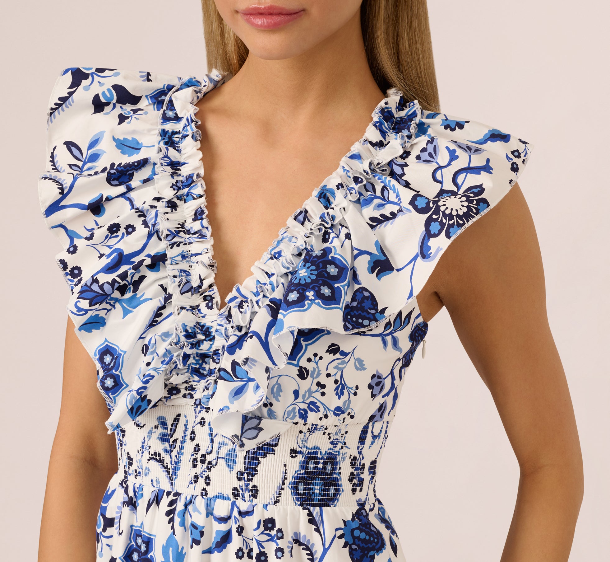 Women's Sleeveless Ruffle Collar Printed Midi Dress - White Blue Multi Color Floral Summer Dress for Beach Vacation, Garden Party & Casual Outings