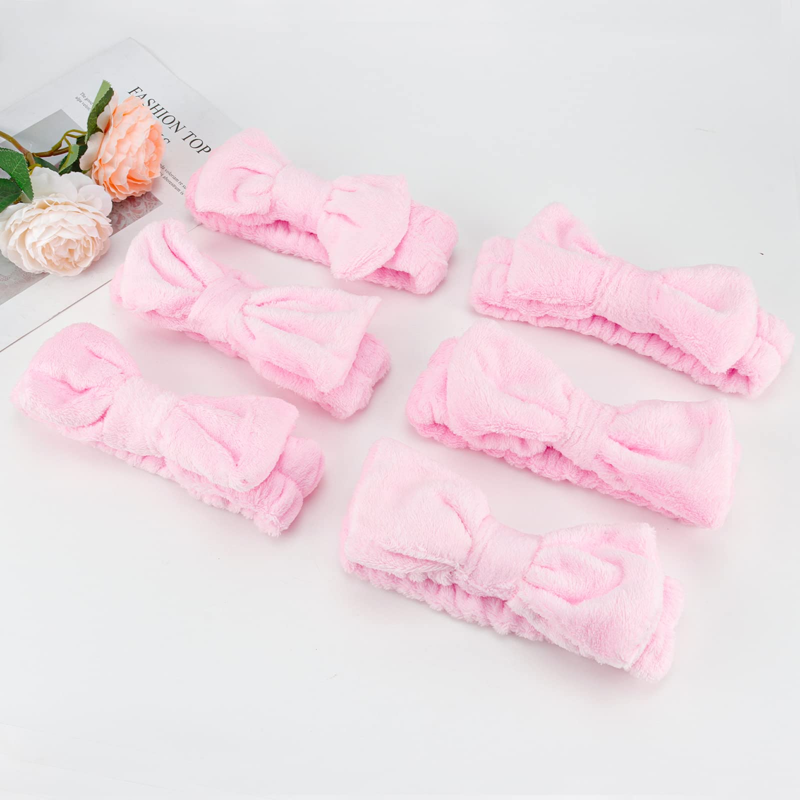 Casoty 6-Pack Pink Spa Headbands for Women - Soft Fleece Hair Bands for Face Washing, Skincare, Makeup & Yoga - Gentle Non-Slip Hair Accessories for Bath, Salon & Home Spa Days