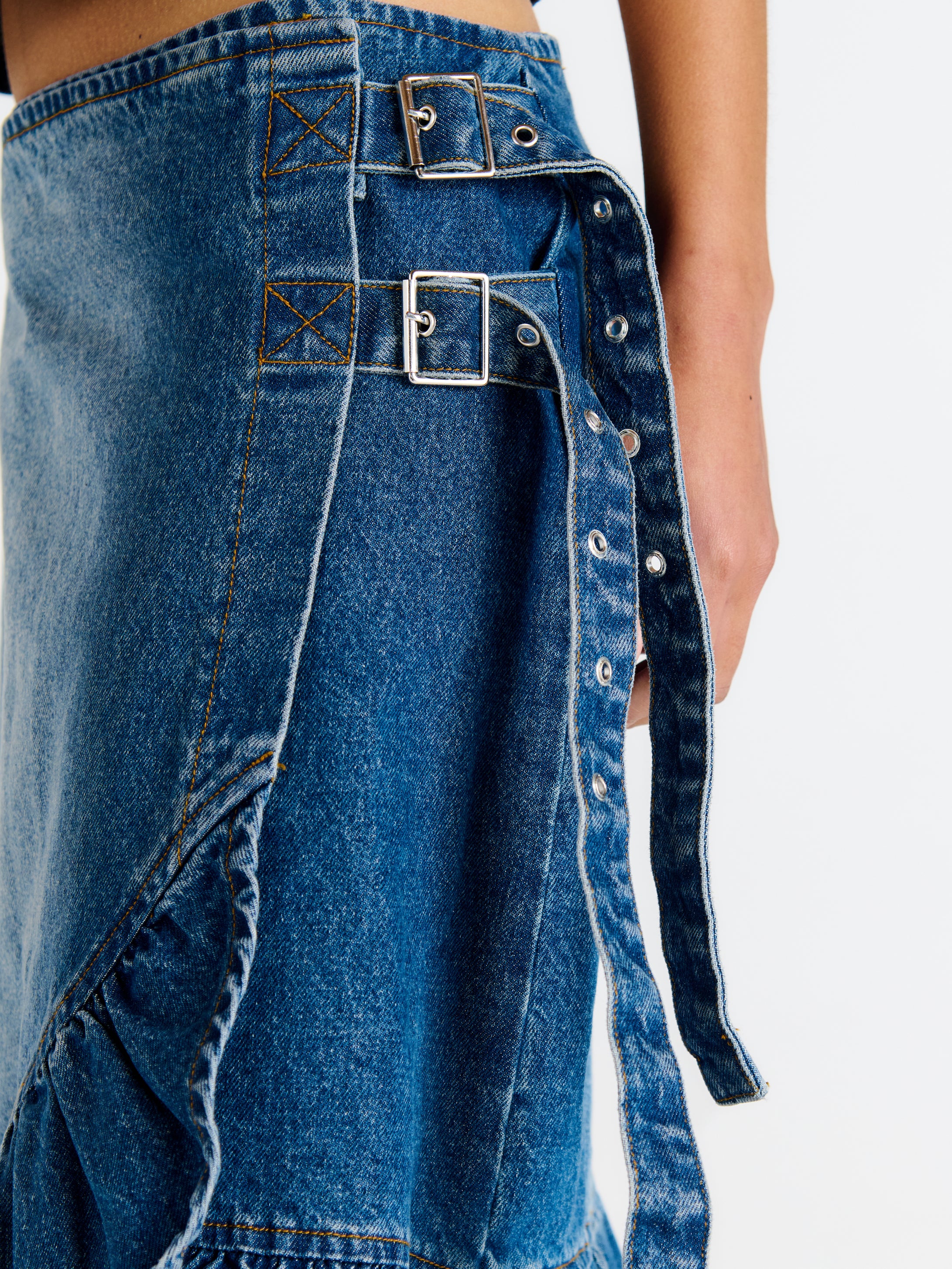 Gail Buckle Denim Wrap Skirt for Women - High Waist Stretch Denim Skirt with Adjustable Buckle - Perfect for Casual Outfits, Date Nights & Office Wear
