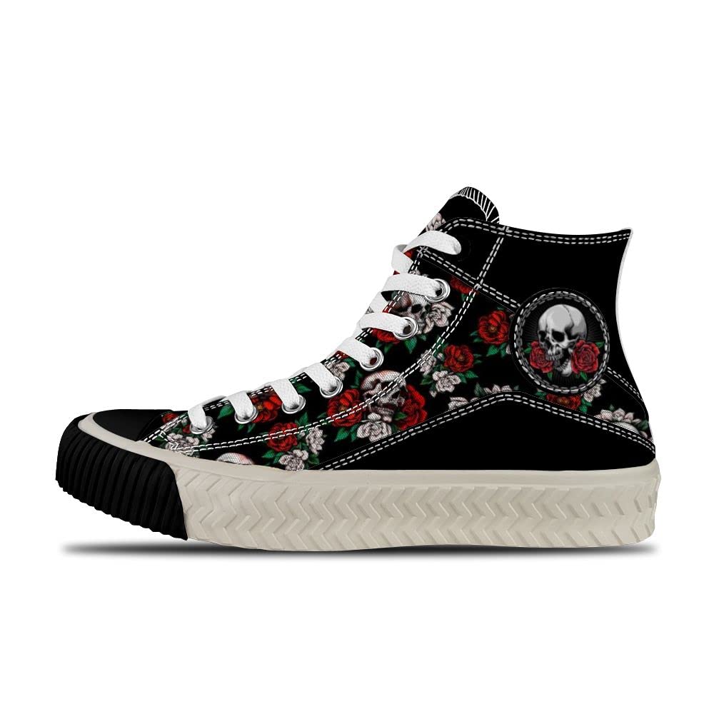 Custom Sugar Skull with Rose Print High Top Sneakers - Non-Slip Shock Absorbing Lightweight Breathable Lace-Up Shoes - Perfect for Gothic Fashion, Halloween Costumes & Unique Personalized Gifts
