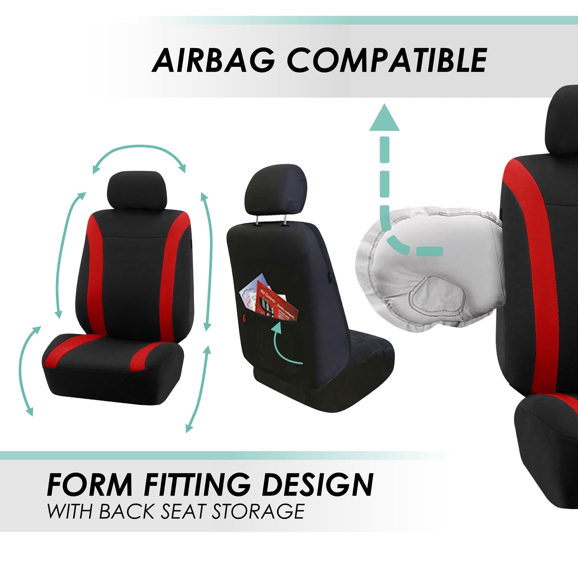 Premium FH Group Cosmopolitan Flat Cloth Car Seat Covers Full Set - Universal Fit for Cars, Vans & Trucks (Red Combo) | Includes Steering Wheel Cover & Seat Belt Pads | Airbag Compatible & Split Rear Design | Perfect for Daily Commute, Road Trips & Family Travel