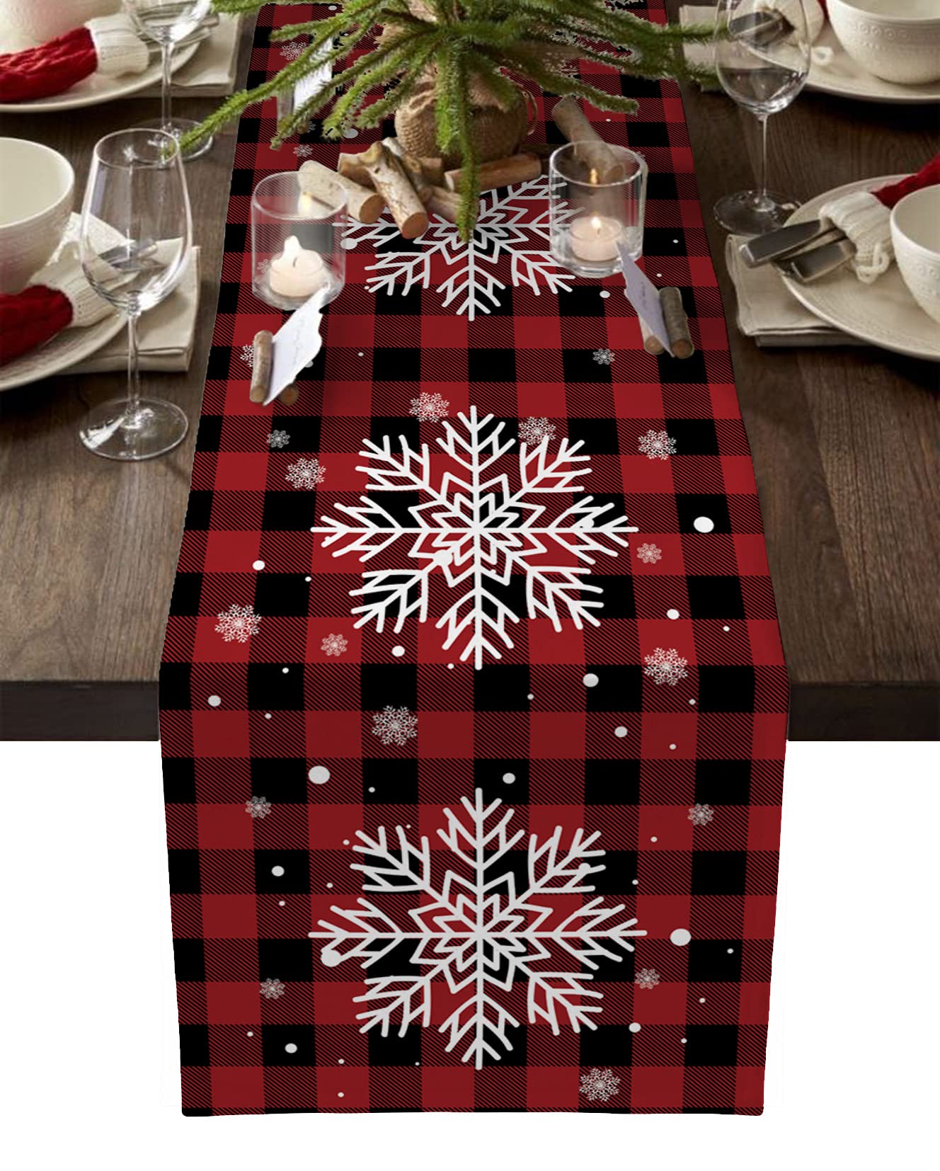72 Inch Christmas Table Runner - Snowflake Design Buffalo Plaid in Red & Black (18
