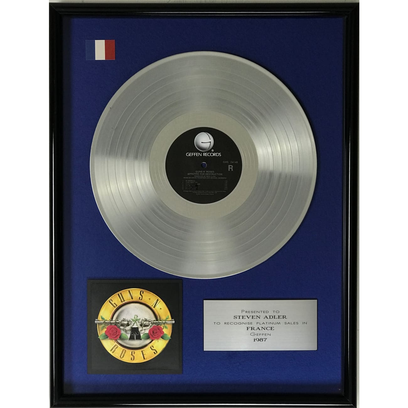 Rare Guns N' Roses Appetite For Destruction Geffen France 1987 Label Award Presented to Drummer Steven Adler – Vintage Music Memorabilia for Collectors & Rock Fans