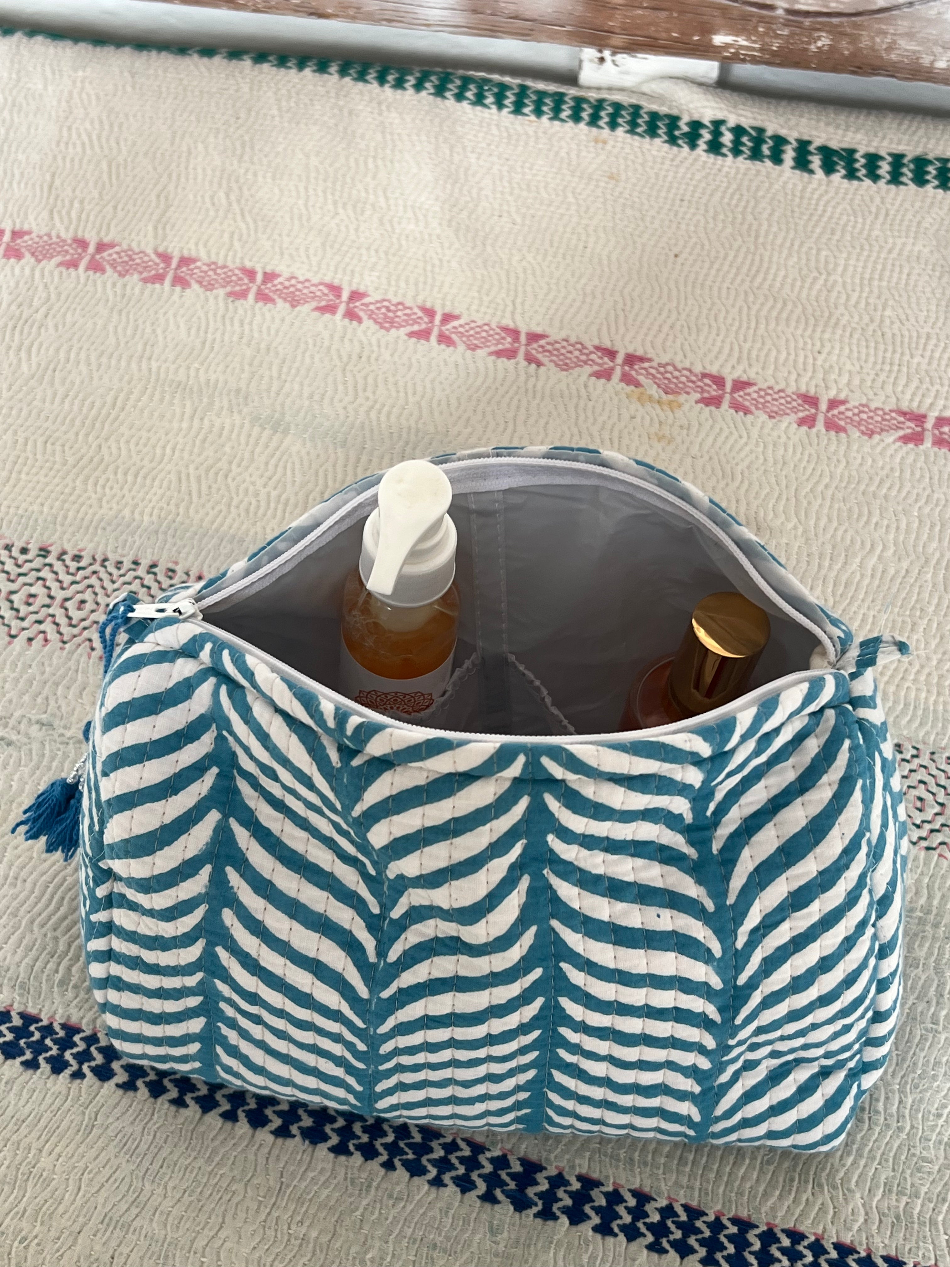 Organic Cotton Cosmetic & Makeup Bags - Handmade Block Printed Toiletry Pouches (3 Sizes) - Perfect for Travel, Gym & Daily Beauty Organization