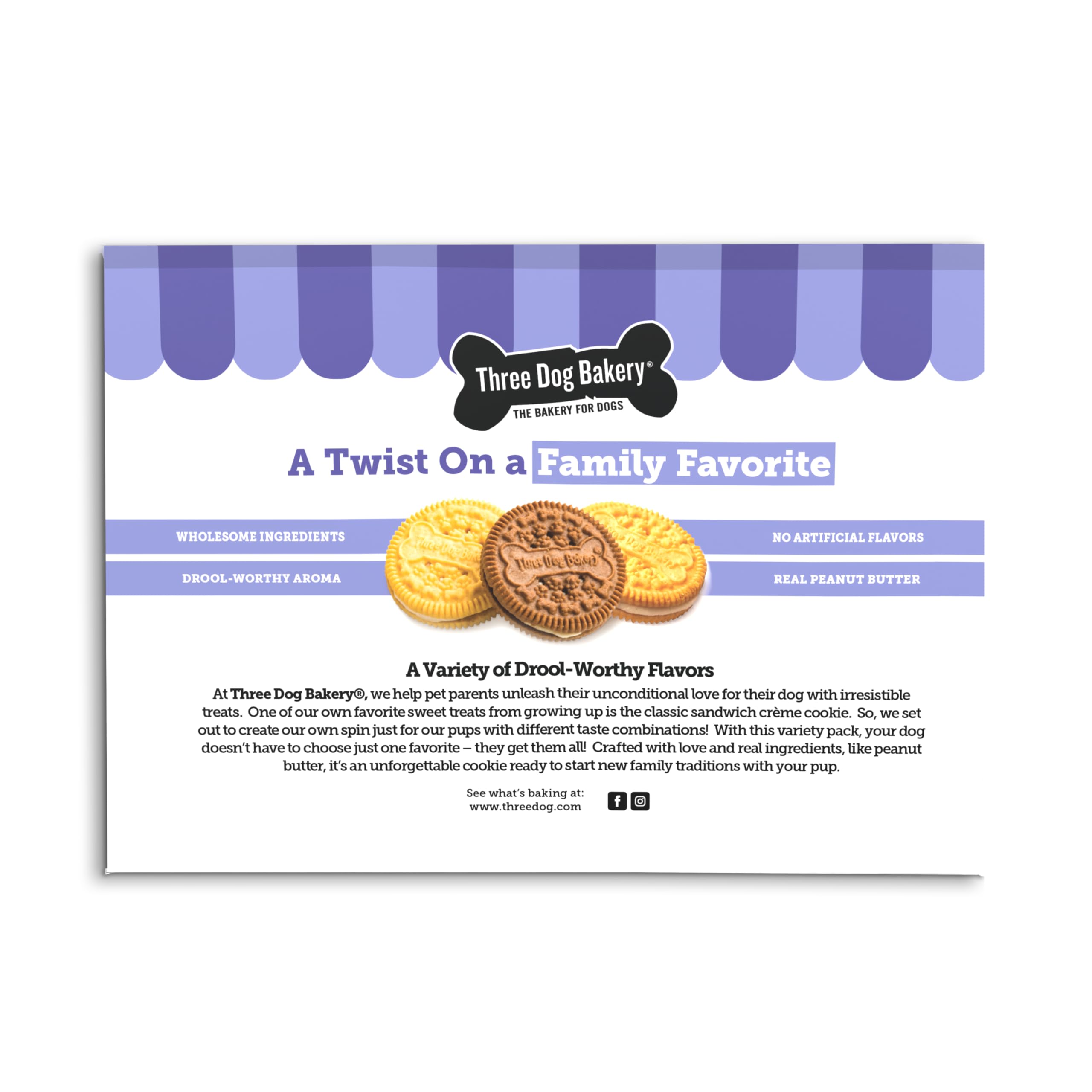 Three Dog Bakery Lick'n Crunch Sandwich Cookies - Natural Dog Treats with Carob & Peanut Butter or Golden Vanilla - 39oz Pack - No Artificial Flavors - Perfect for Training, Rewards & Special Occasions