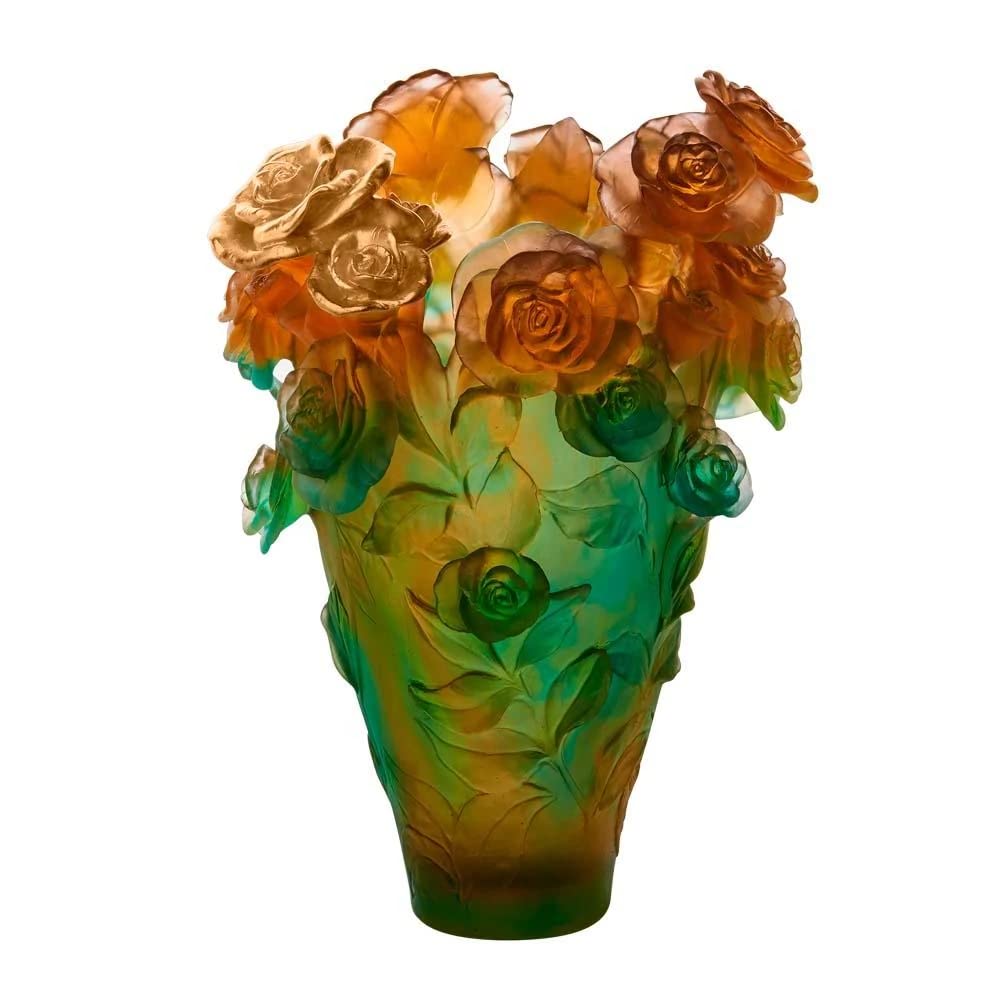 Orange Green Magnum Vase with Gilded Roses - Elegant Floral Centerpiece for Home Decor, Wedding, and Special Occasions