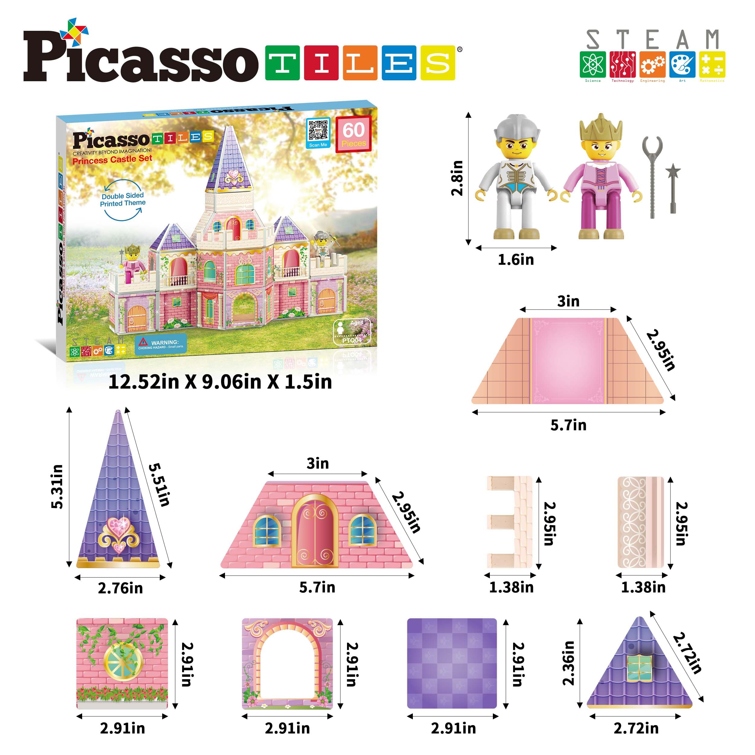 PicassoTiles Magnetic Building Blocks - Princess Castle Theme with 2 Action Figures, Double-Sided STEM Learning Toy for Kids Ages 3+ | Creative Construction, Fantasy Play & Educational Development (PTQ04) - Perfect for Birthday Gifts, Classroom Activities & Imaginative Playtime